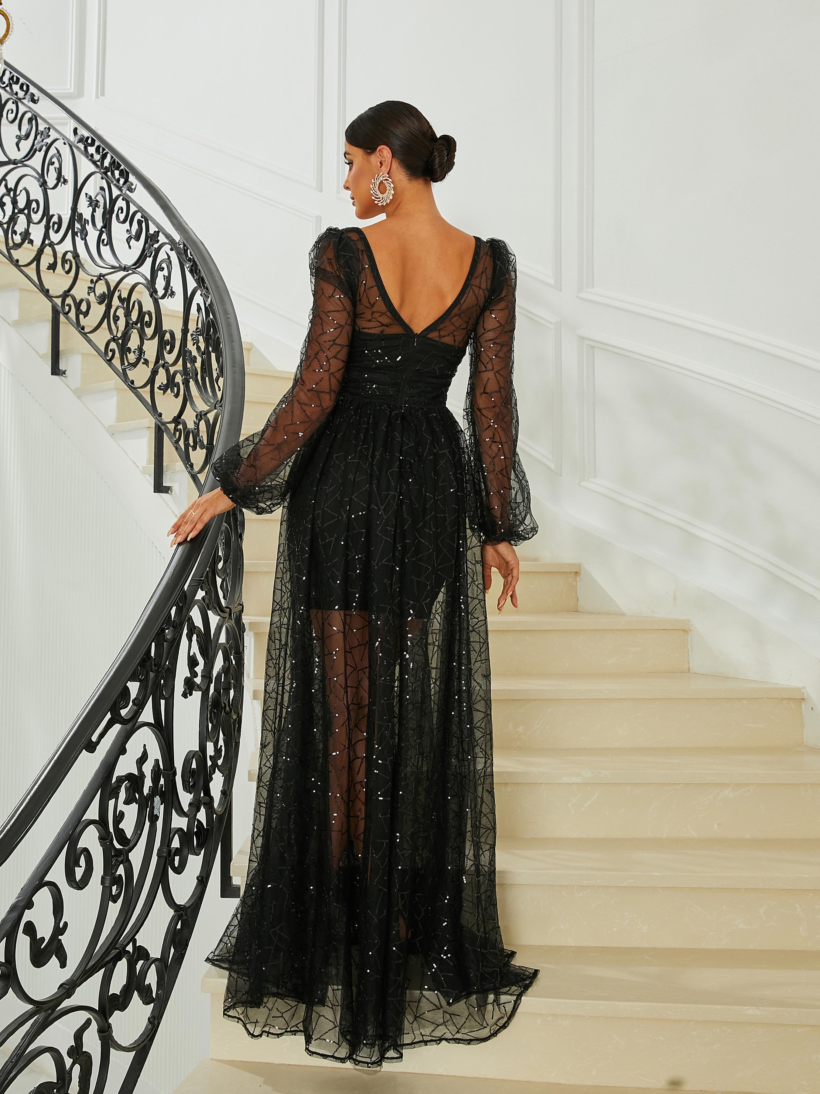 Sweetheart Lantern Sleeve Tulle Black Evening Dress RA60074