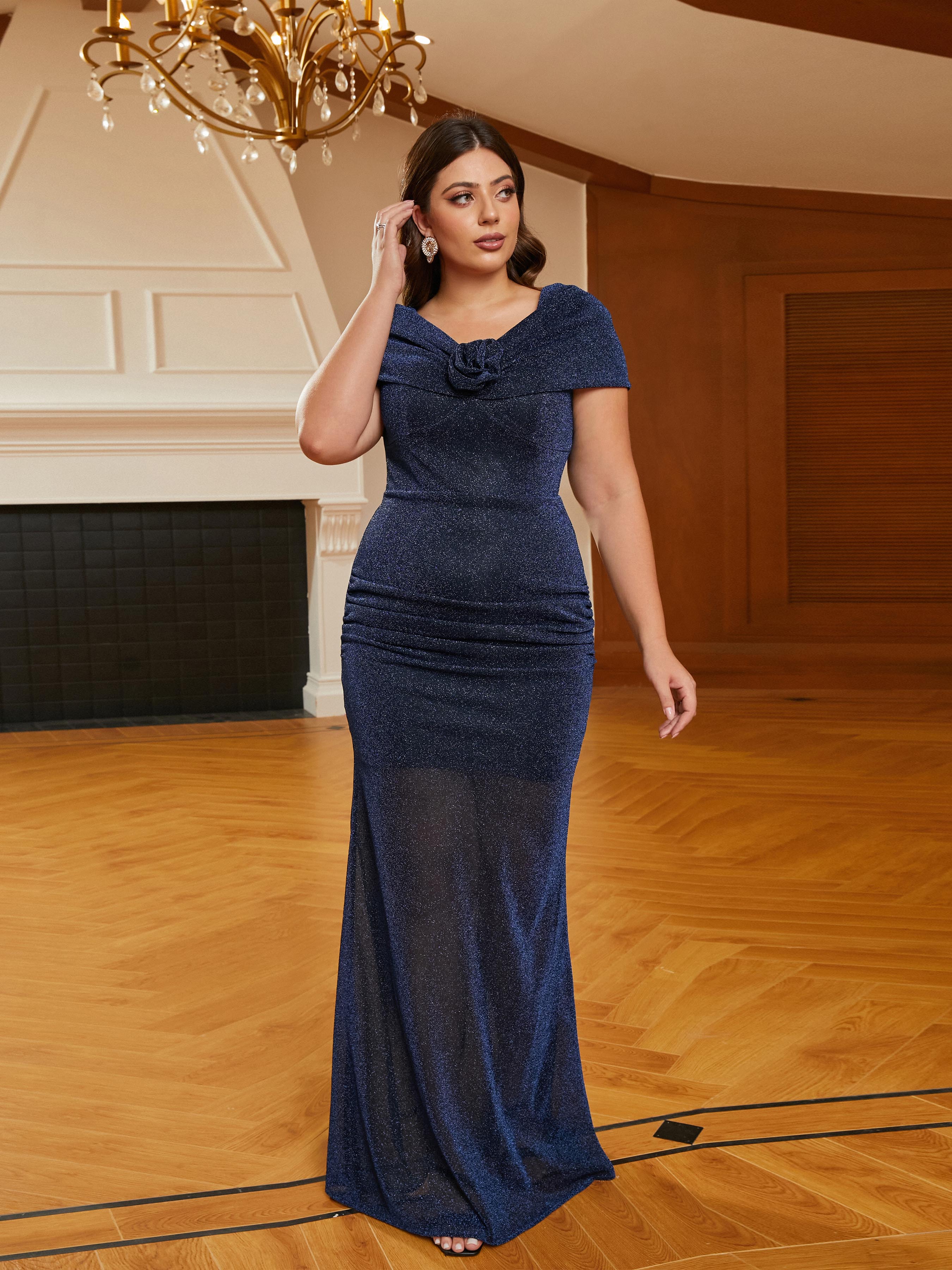 MISSORD Plus Size Appliqued Mermaid Blue Sequin Evening Dress