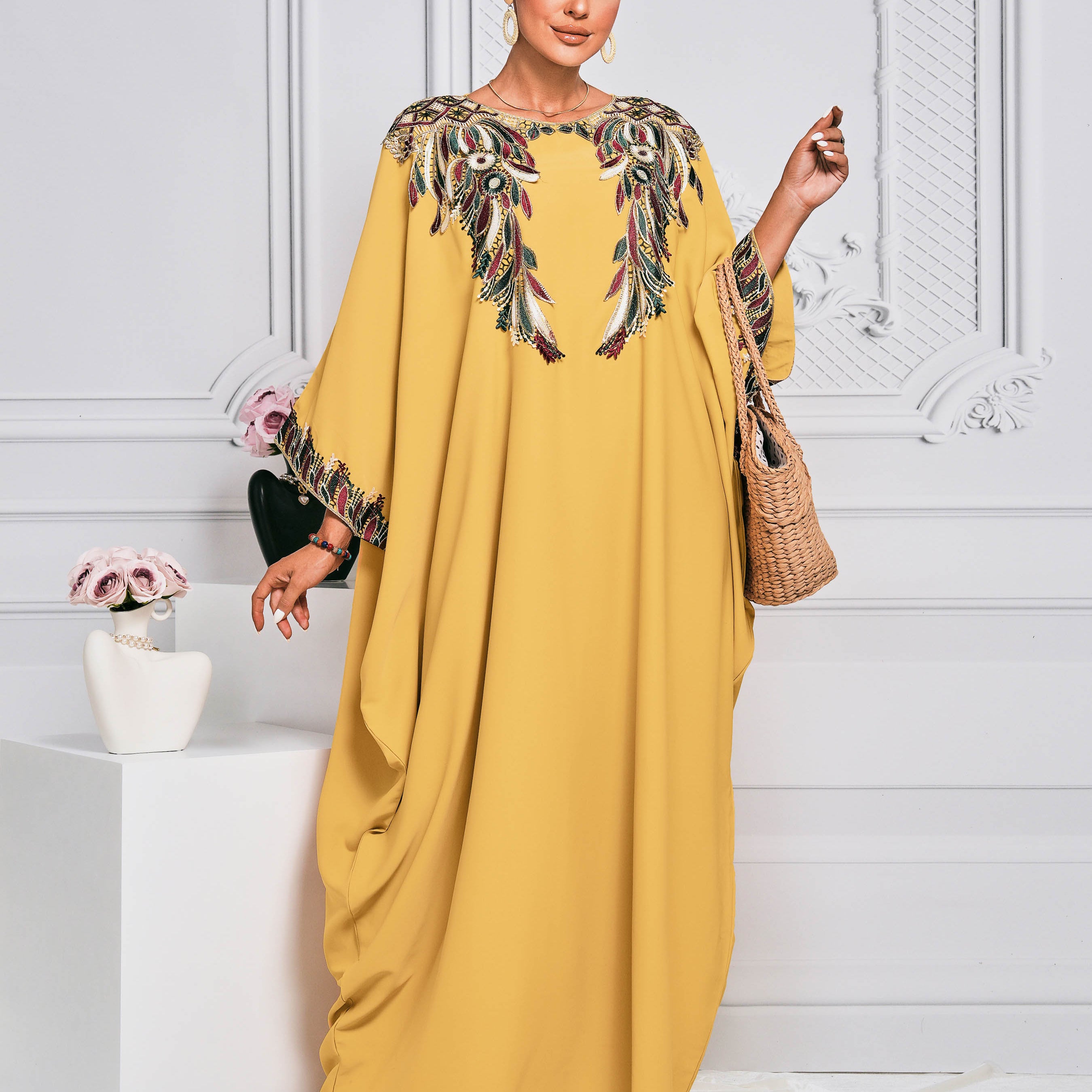 MISSORD Embroidered Yellow Loosed Maxi Dress