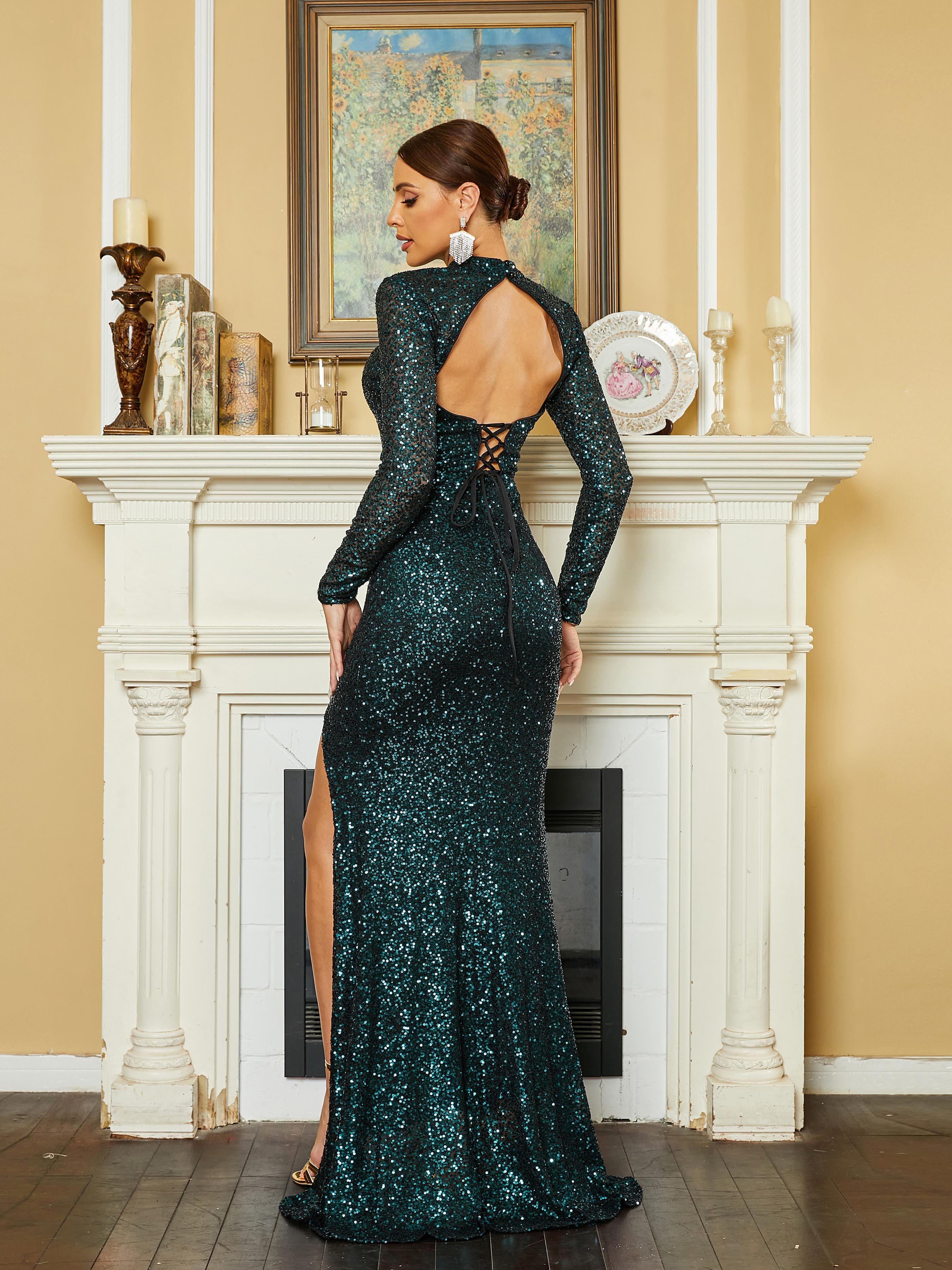 MISSORD Lace Up Open Back Cutout Sequin Green Prom Dress