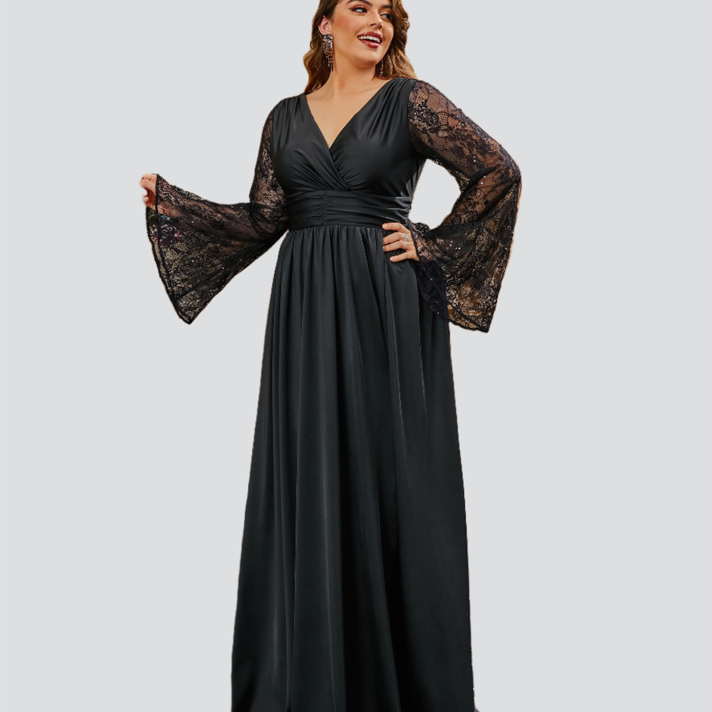 Plus Size Wrap Ruched Lace Sleeve Black Dress