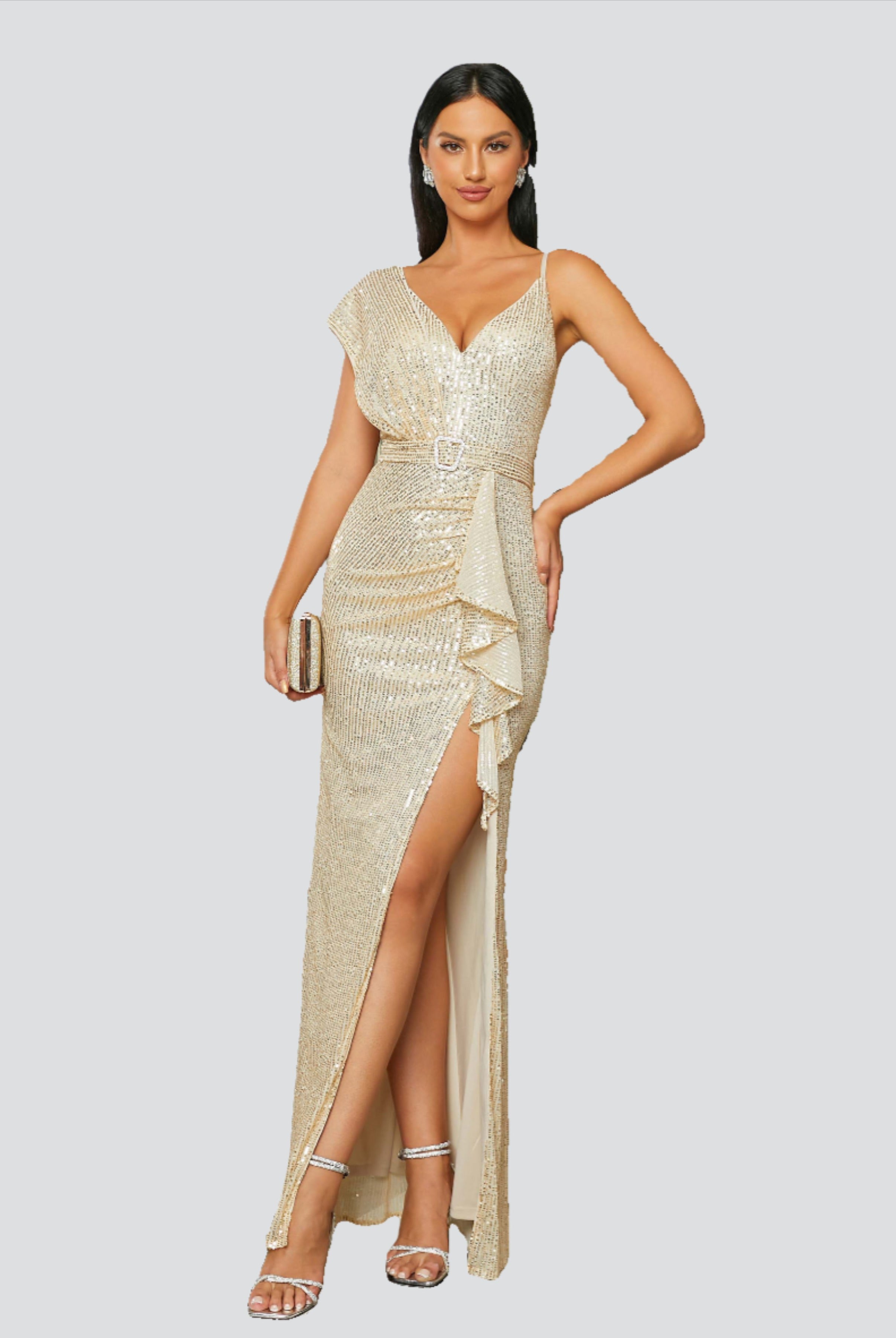 Sleeveless Ruffle Sequin Gold Evening Dress RH30590