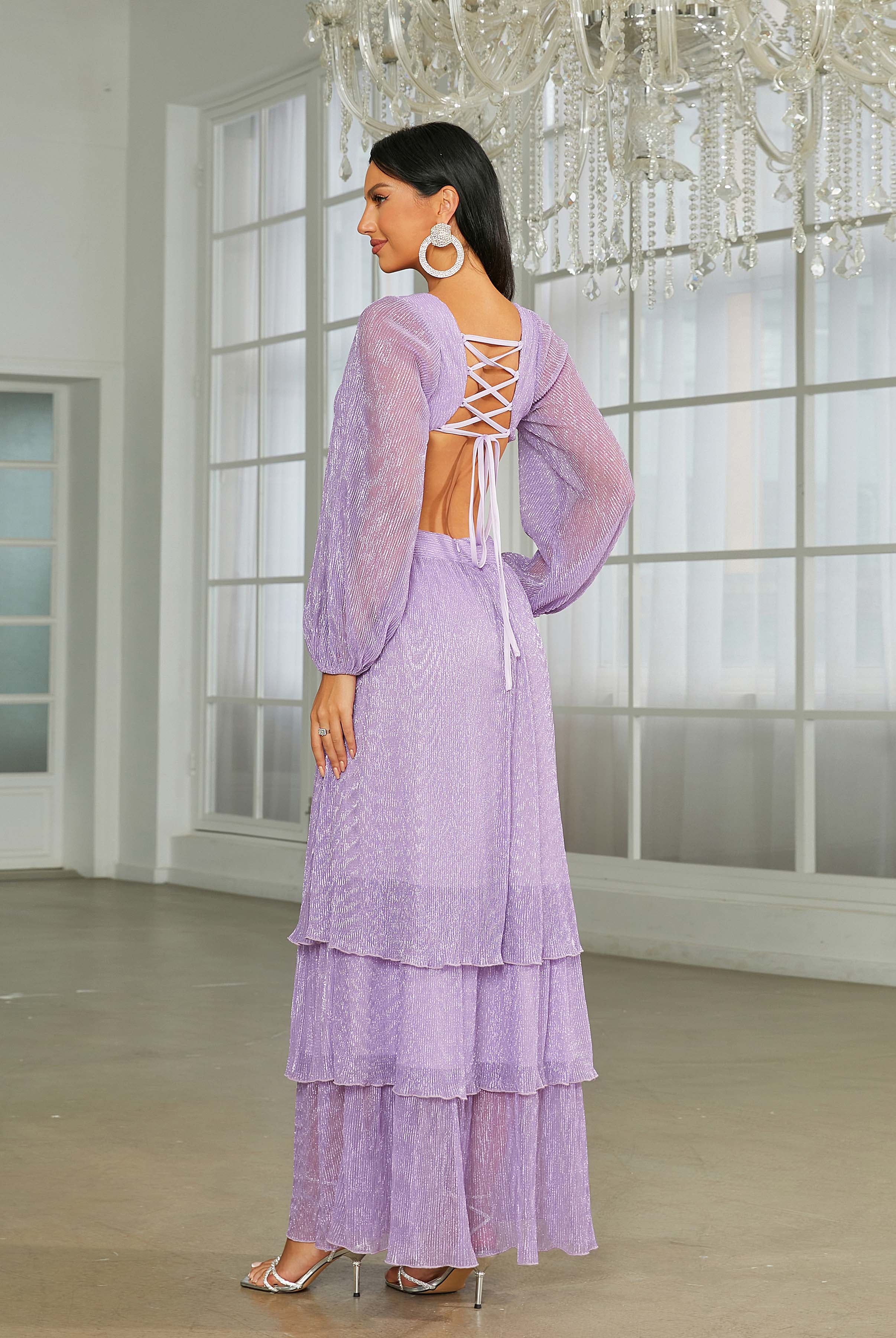 MISSORD V-neck Lantern Sleeve Backless Purple Prom Dress