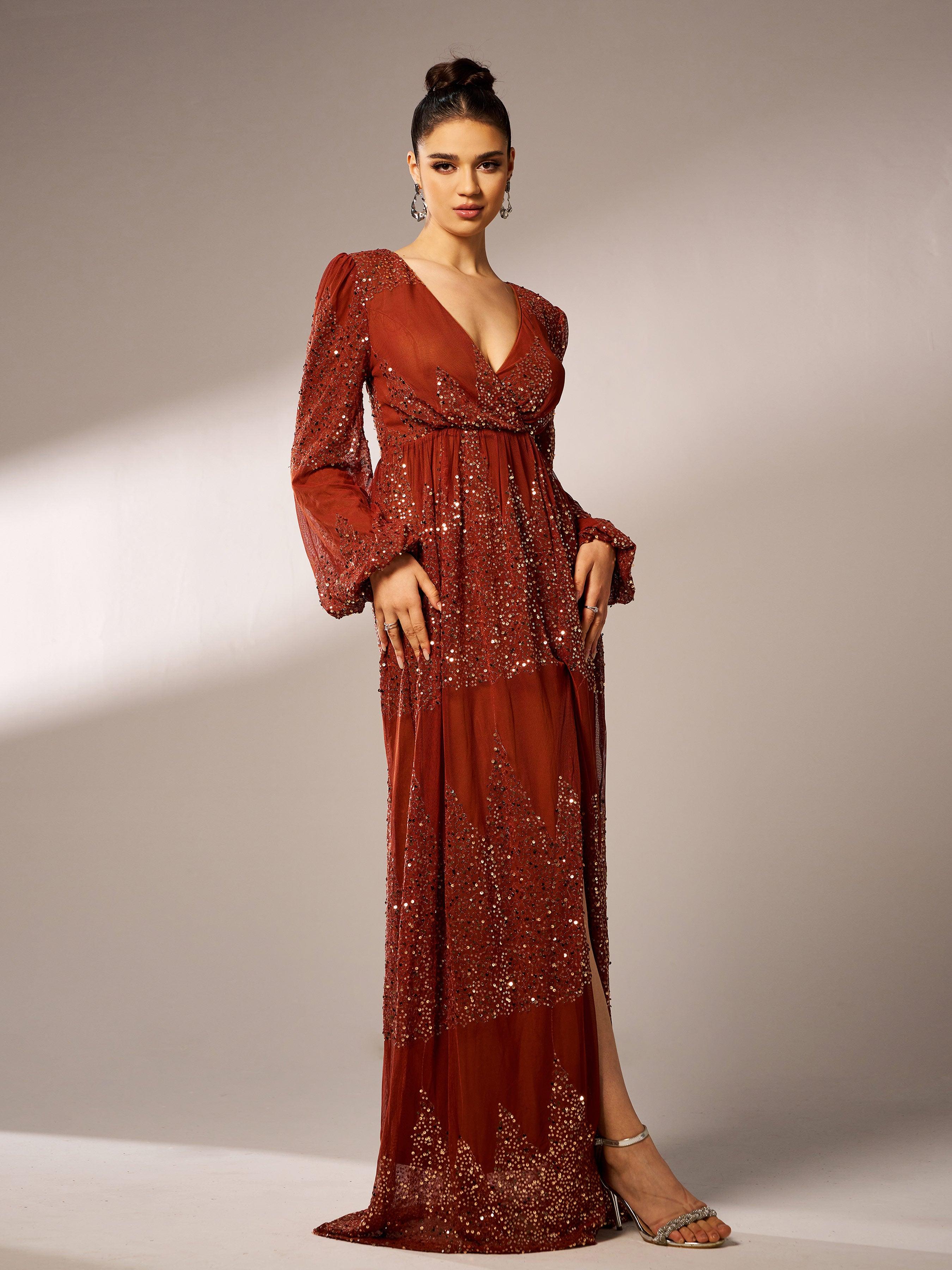 Sexy V-neck Slit Sequin Prom Dress GM00627 - MISS ORD