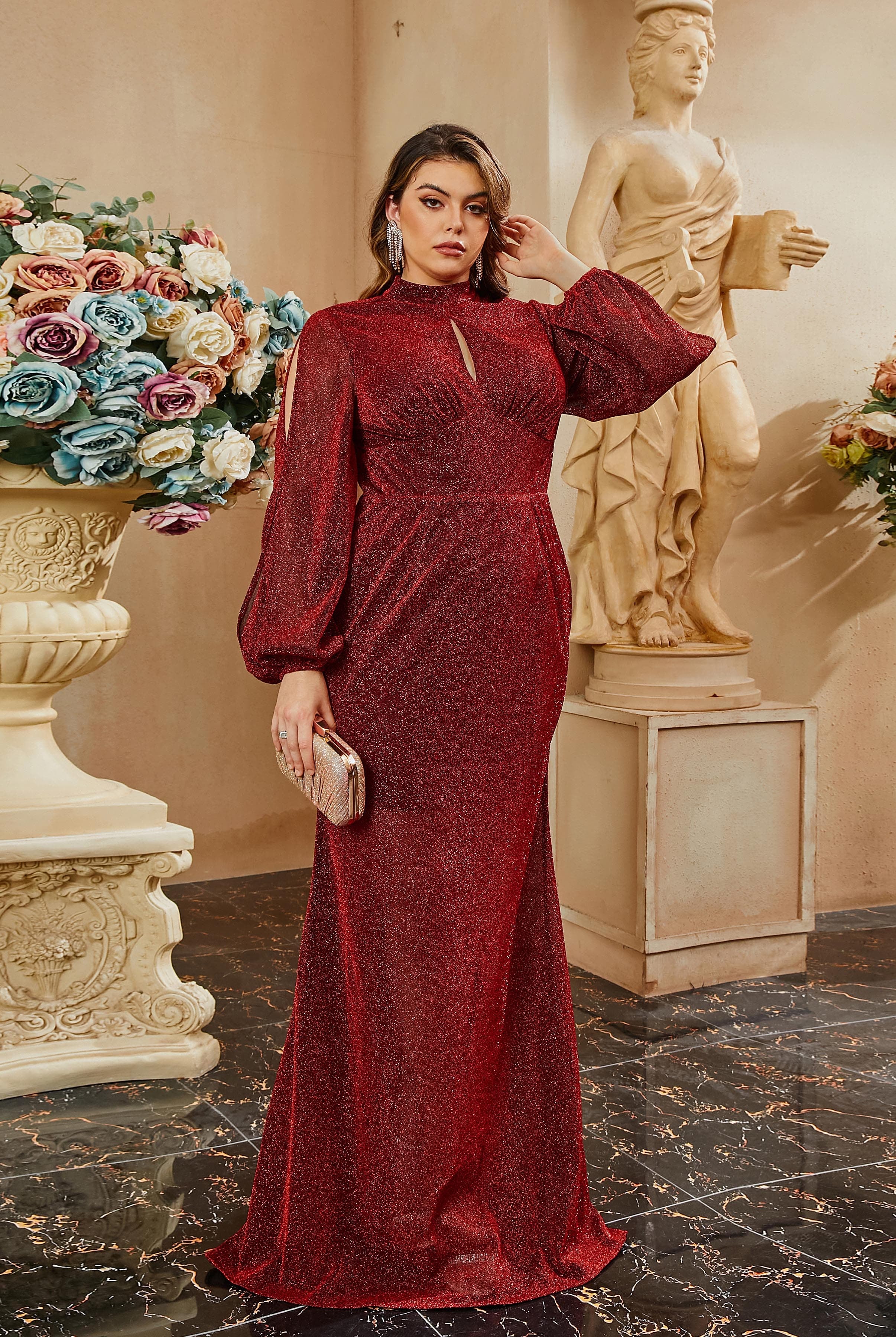 Plus Size Stand Collar CutOut Mermaid Pleated Long Sleeve Evening Dress