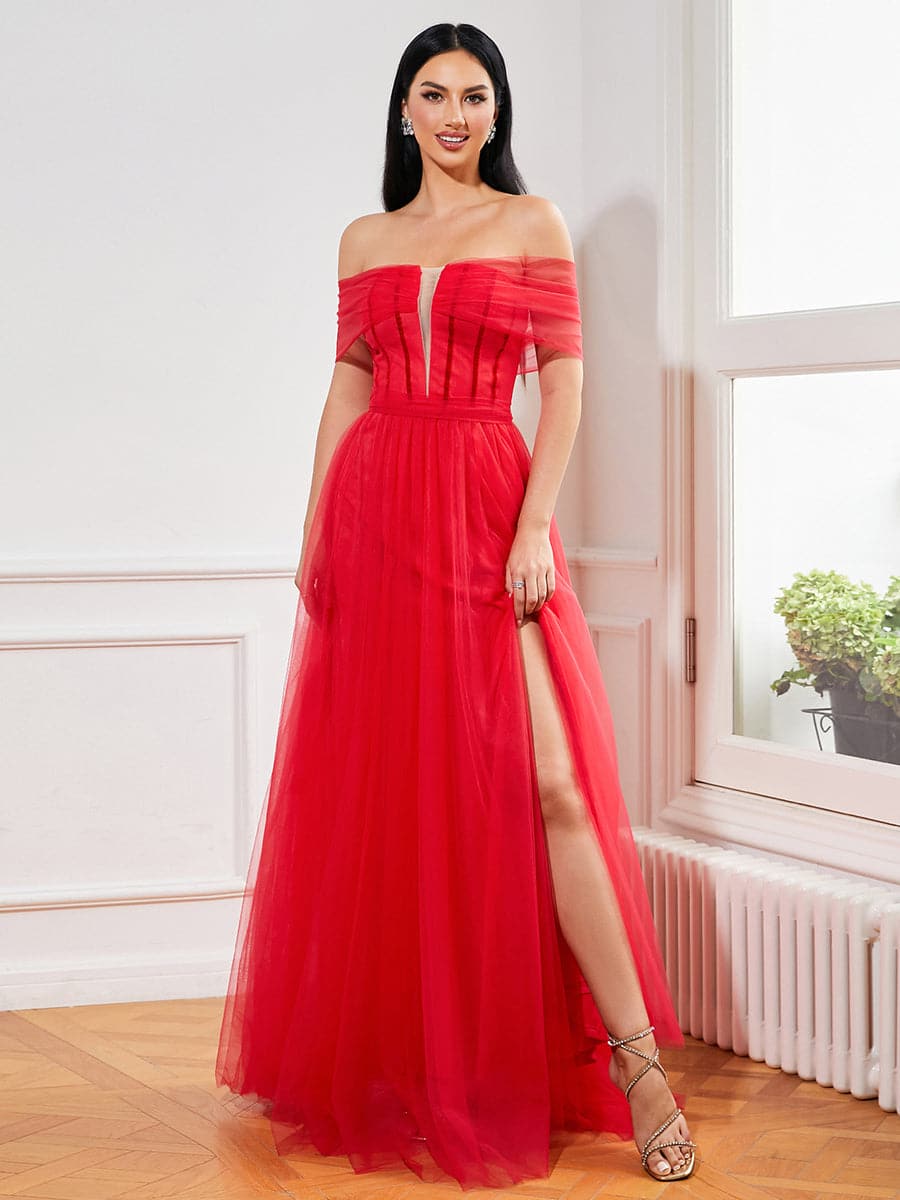 Tulle Off Shoulder Red Slit Prom Dress 