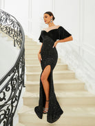 Panel Ruffle Sleeve Black Sequin Evening Dress RH30737