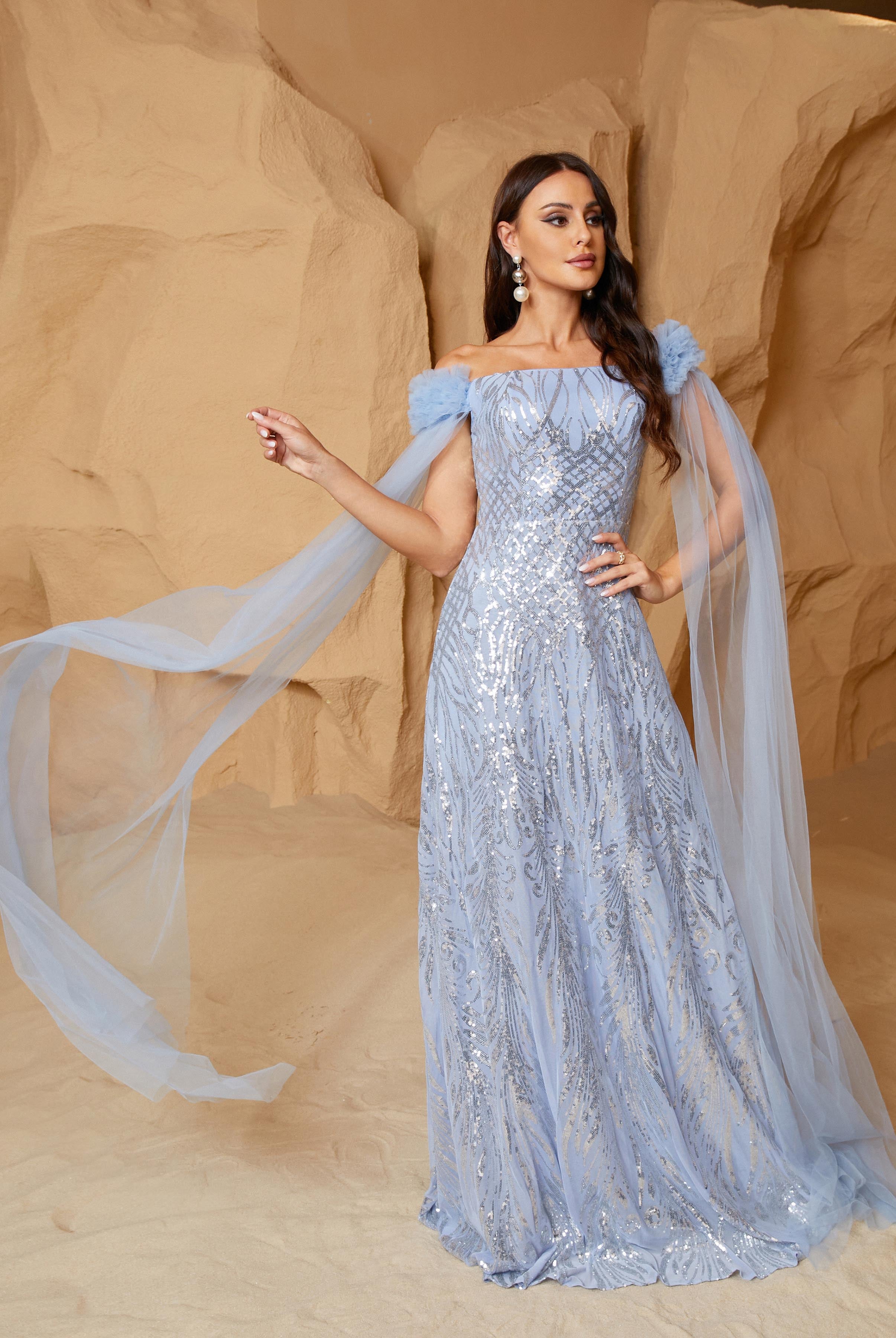 MISSORD Off Shoulder Tulle Panel Sequin Blue Bridesmaid Dress