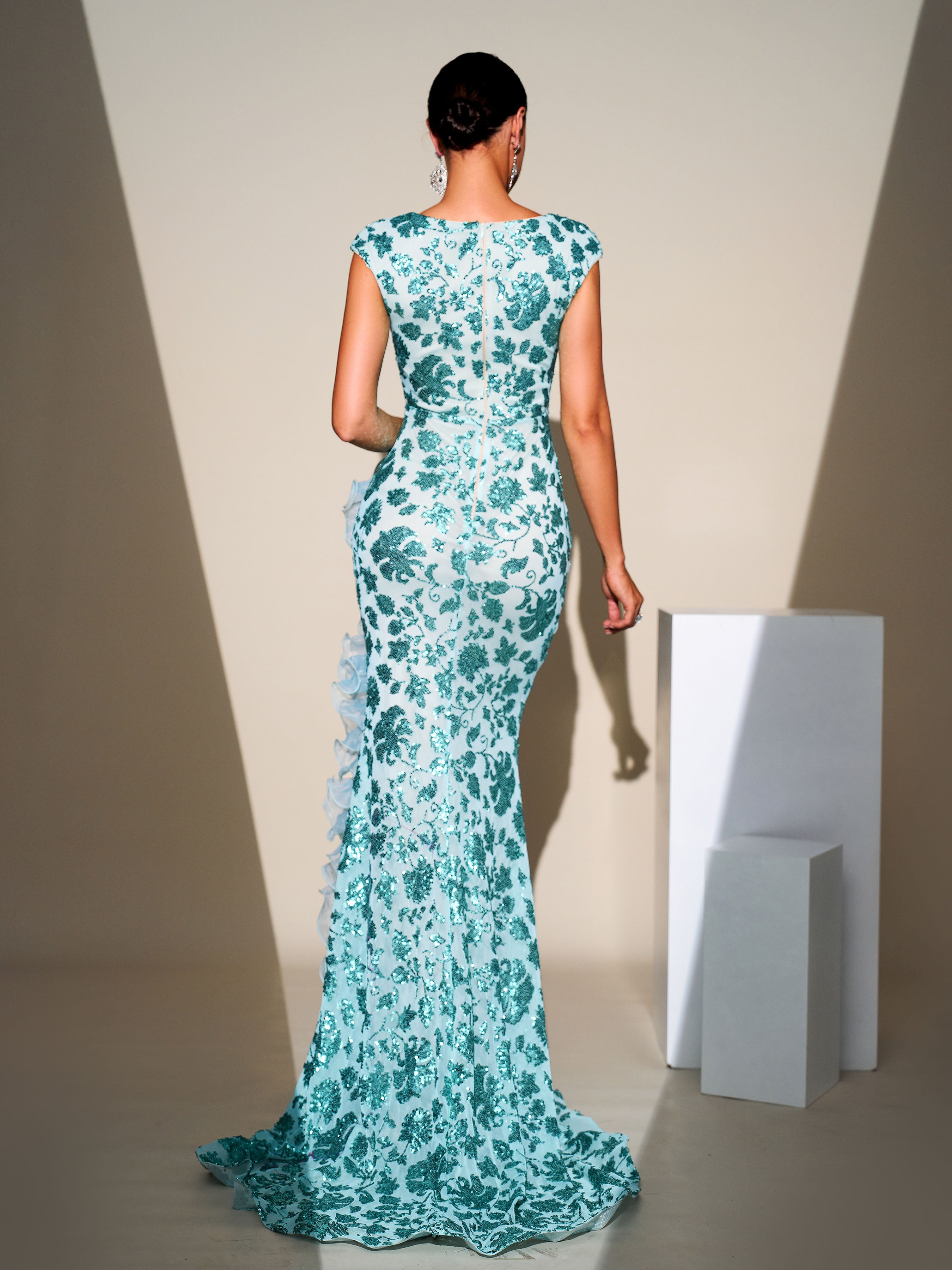 Sleeveless Ruffled Split Floral Sequin Dress RJ11878