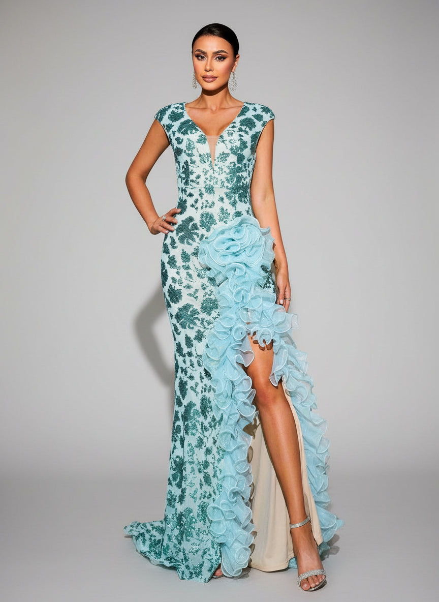 Sleeveless Ruffled Split Floral Sequin Dress RJ11878 - Blue / S Sleeveless Ruffled Split Floral Sequin Dress RJ11878 - Blue / S