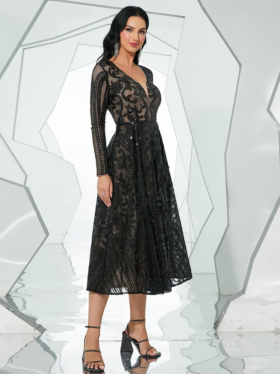 A-Line Tulle Midi Black Prom Dress