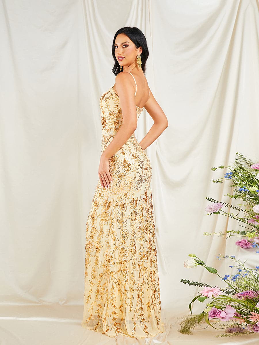 Spaghetti Strap Floral Sequin Gold Prom Dress