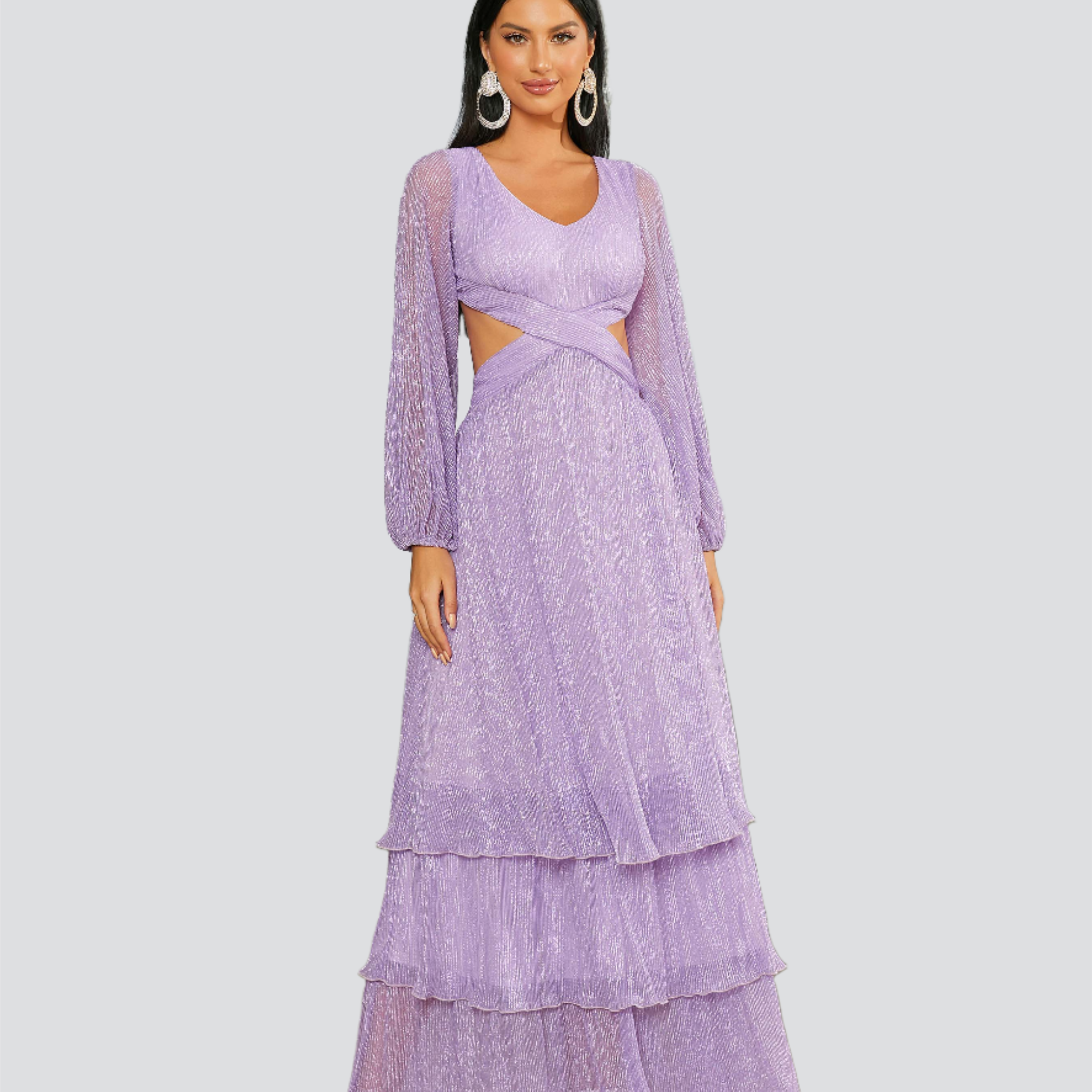 V-neck Lantern Sleeve Backless Purple Prom Dress