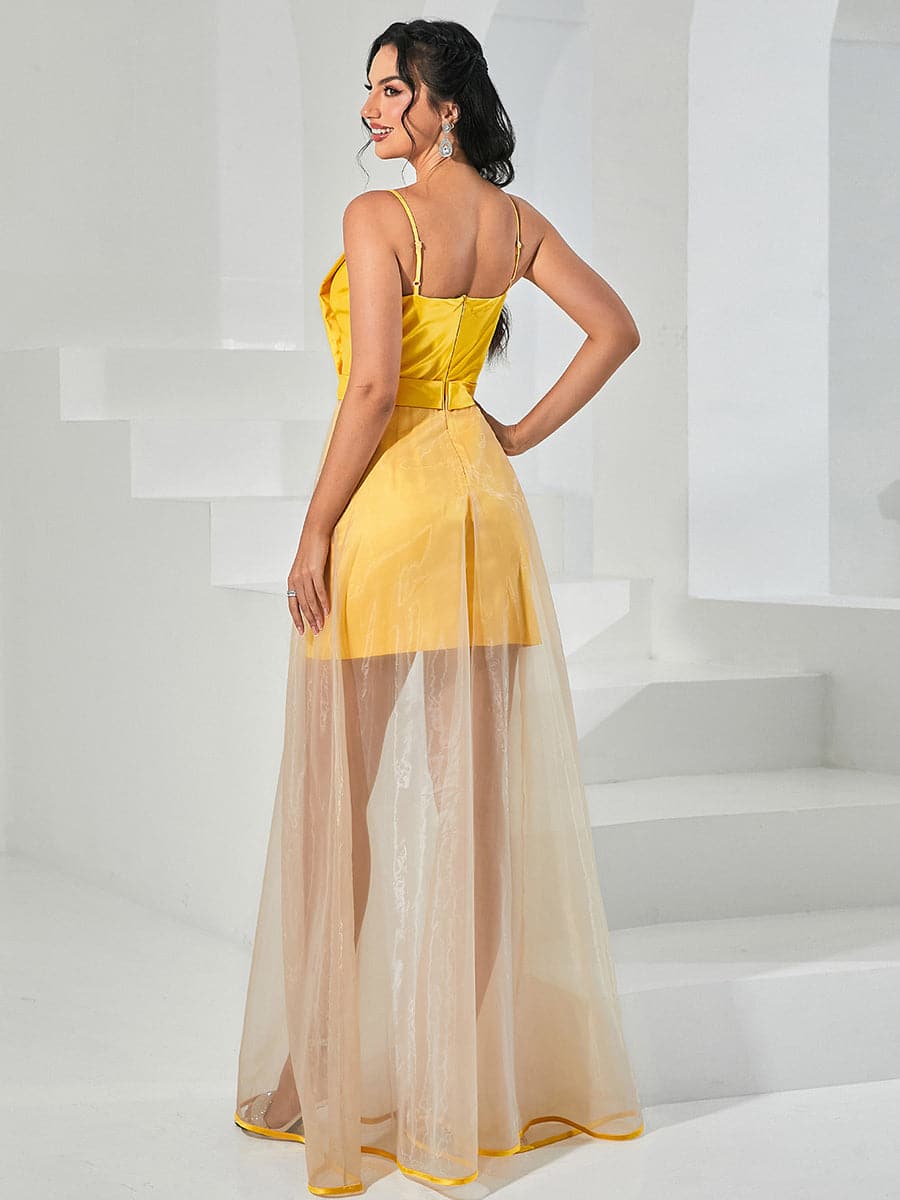 Spaghetti Tulle Fold Yellow Prom Dress