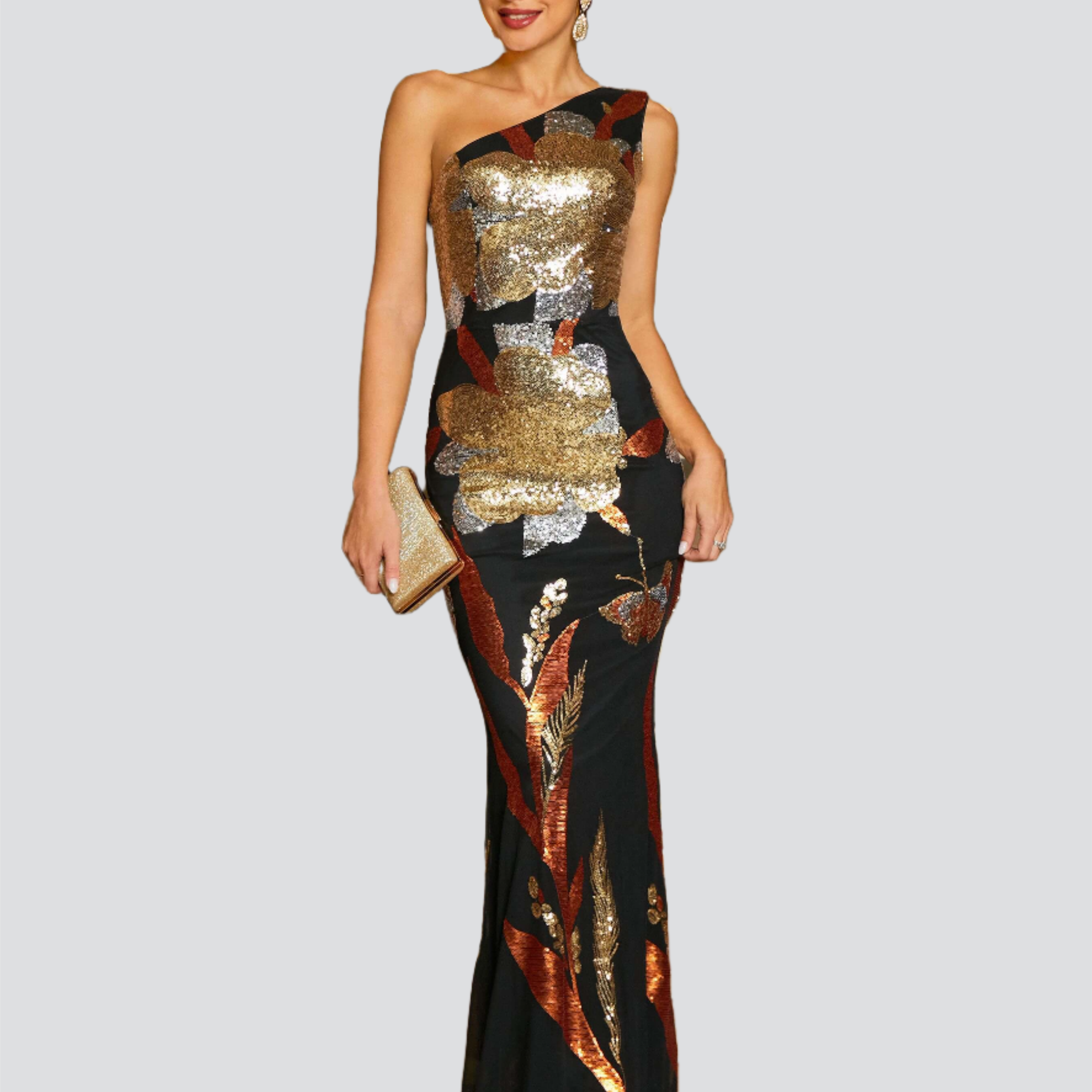 One Shoulder Floral Sequin Prom Dress RM20857