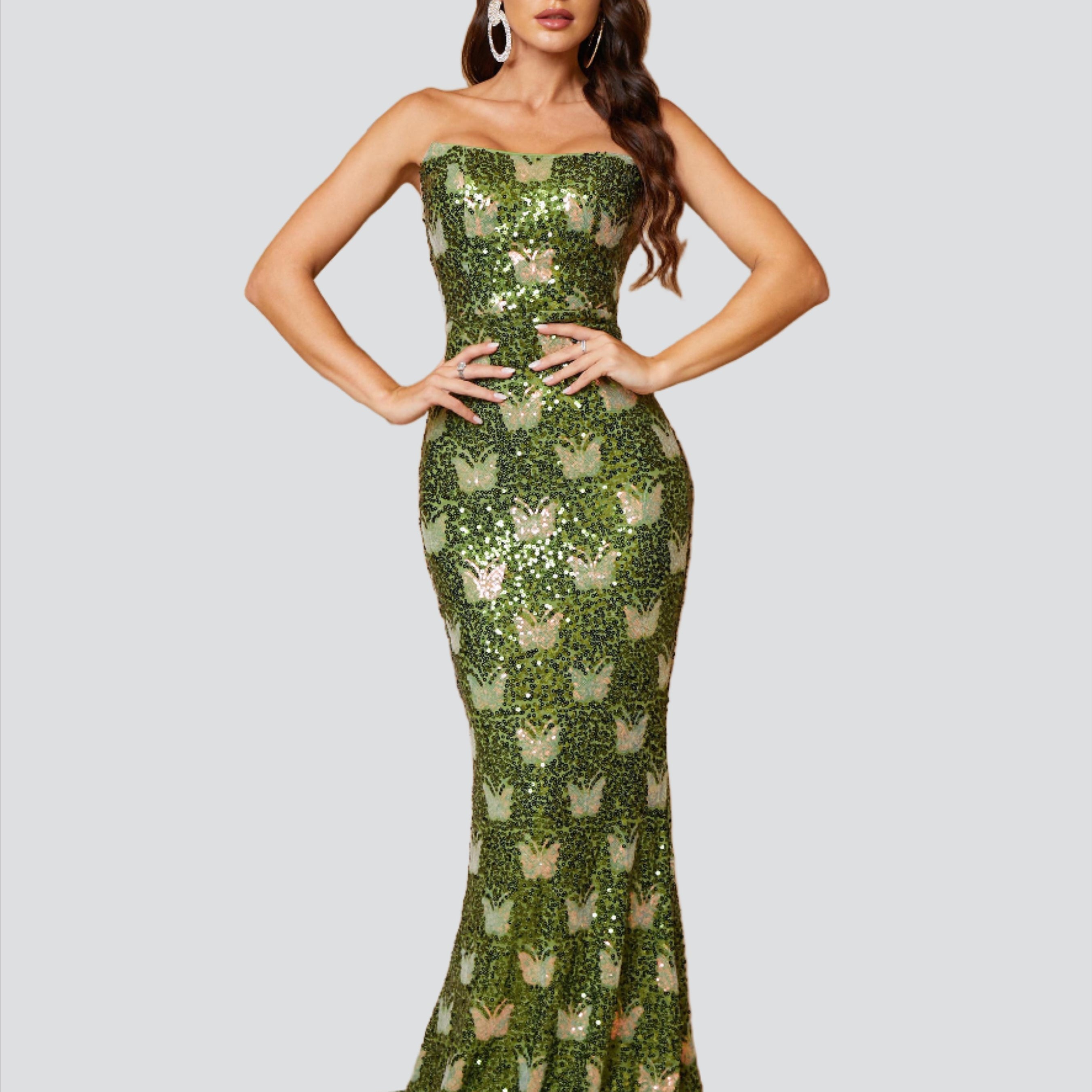 Butterfly Sequin Strapless Mermaid Dress