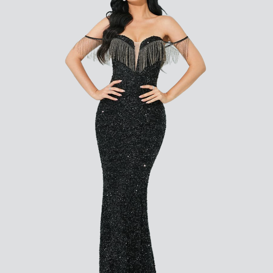 Mermaid Sequins Fringed Black Evening Dress