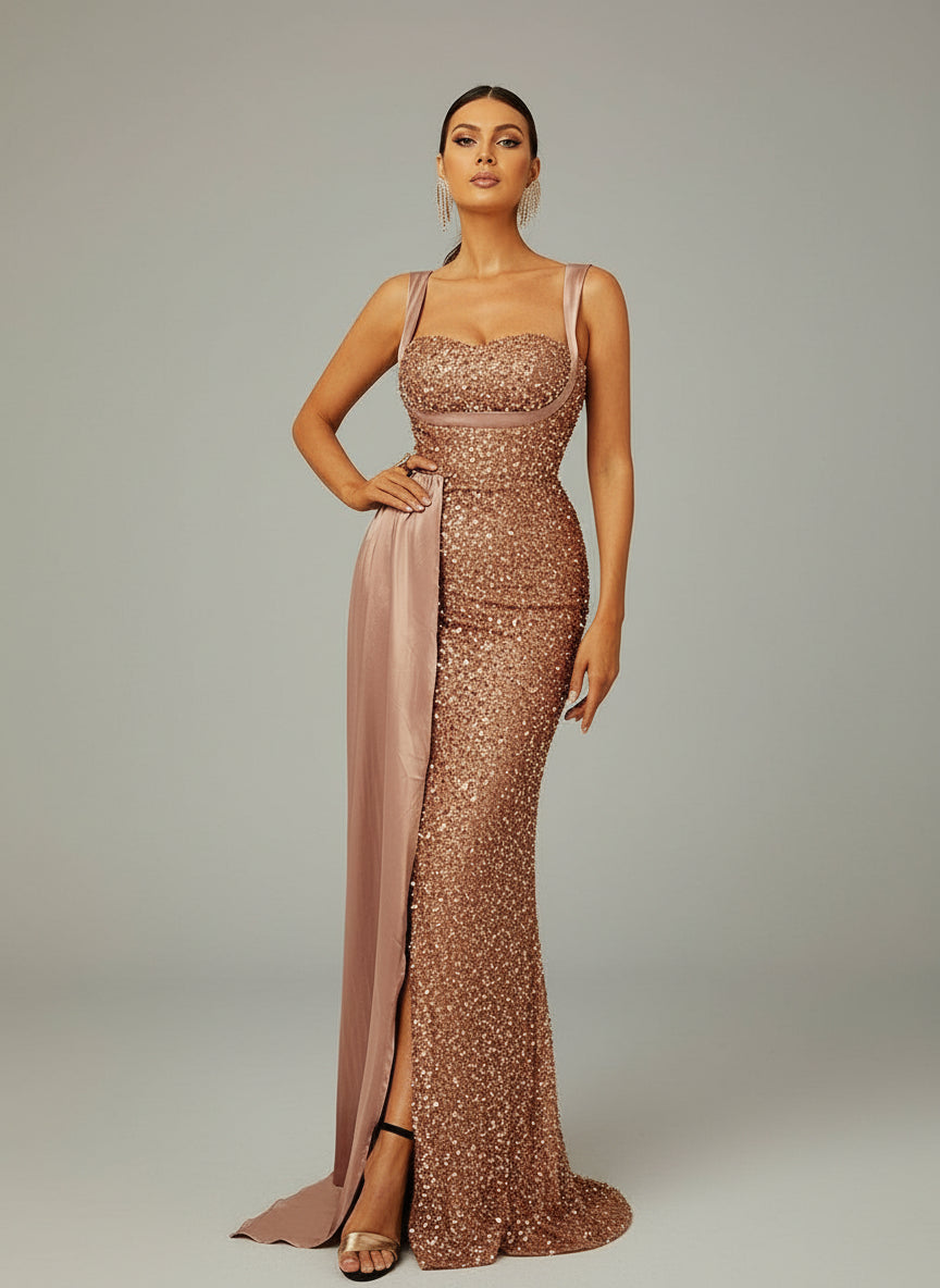 Ribbon Corset Sequin Maxi Prom Dress XH2162 - MISS ORD