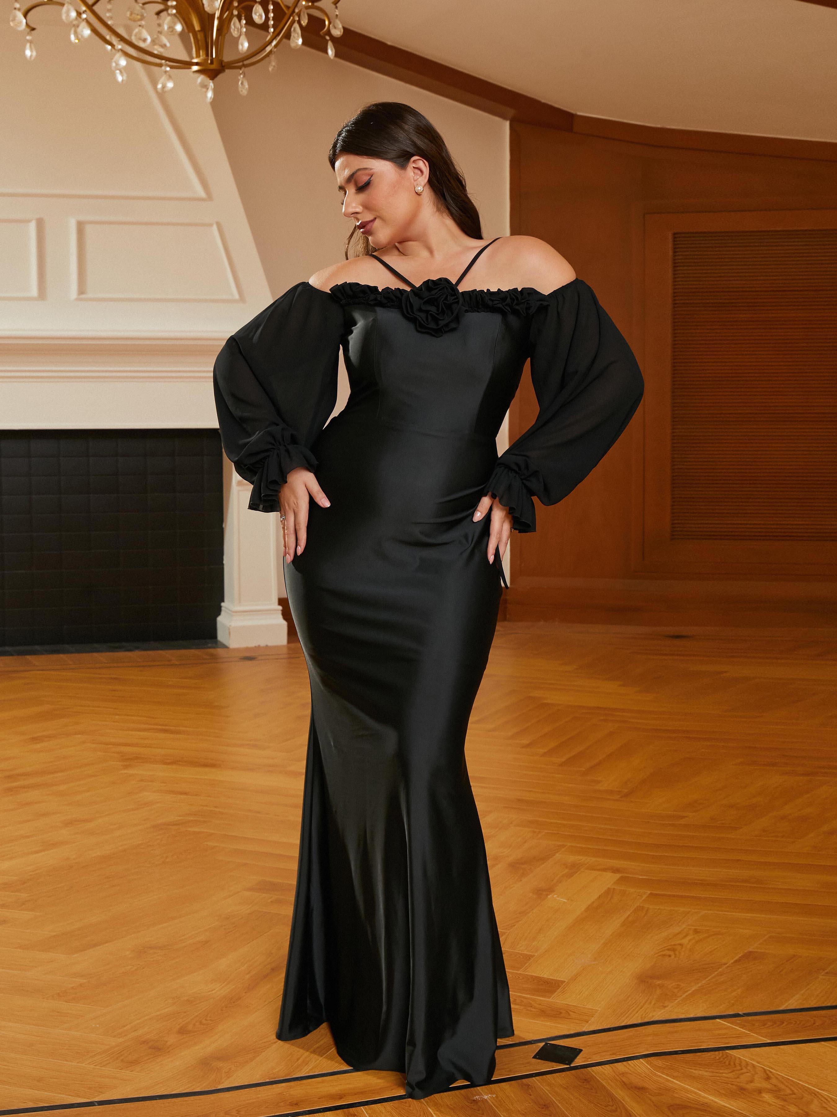 MISSORD Plus Size Halter Appliqued Panel Black Prom Dress