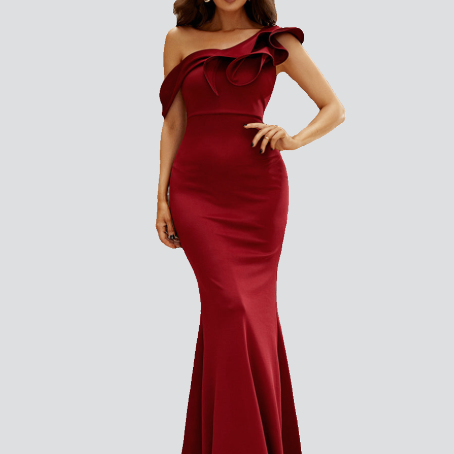 Ruffle Neck Floor Length Red Mermaid Prom Dress M02124