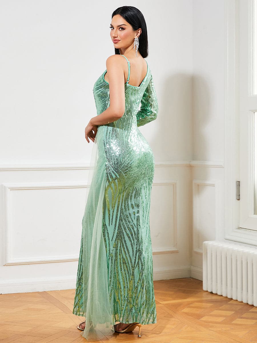 One Shoulder Sequins Draped Green Evening Dress