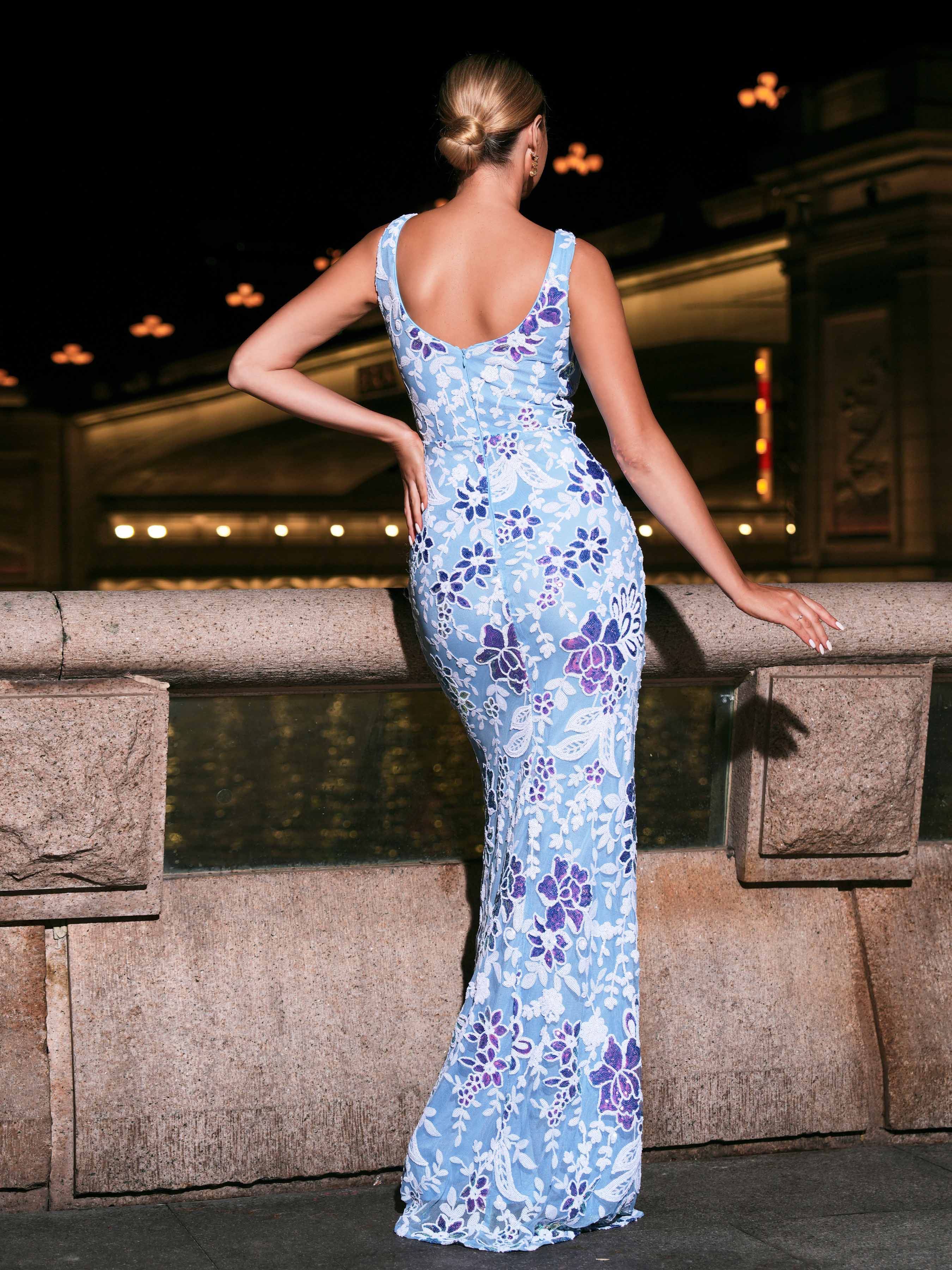 MISSORD V-neck Blue Floral Sequin Maxi Dress