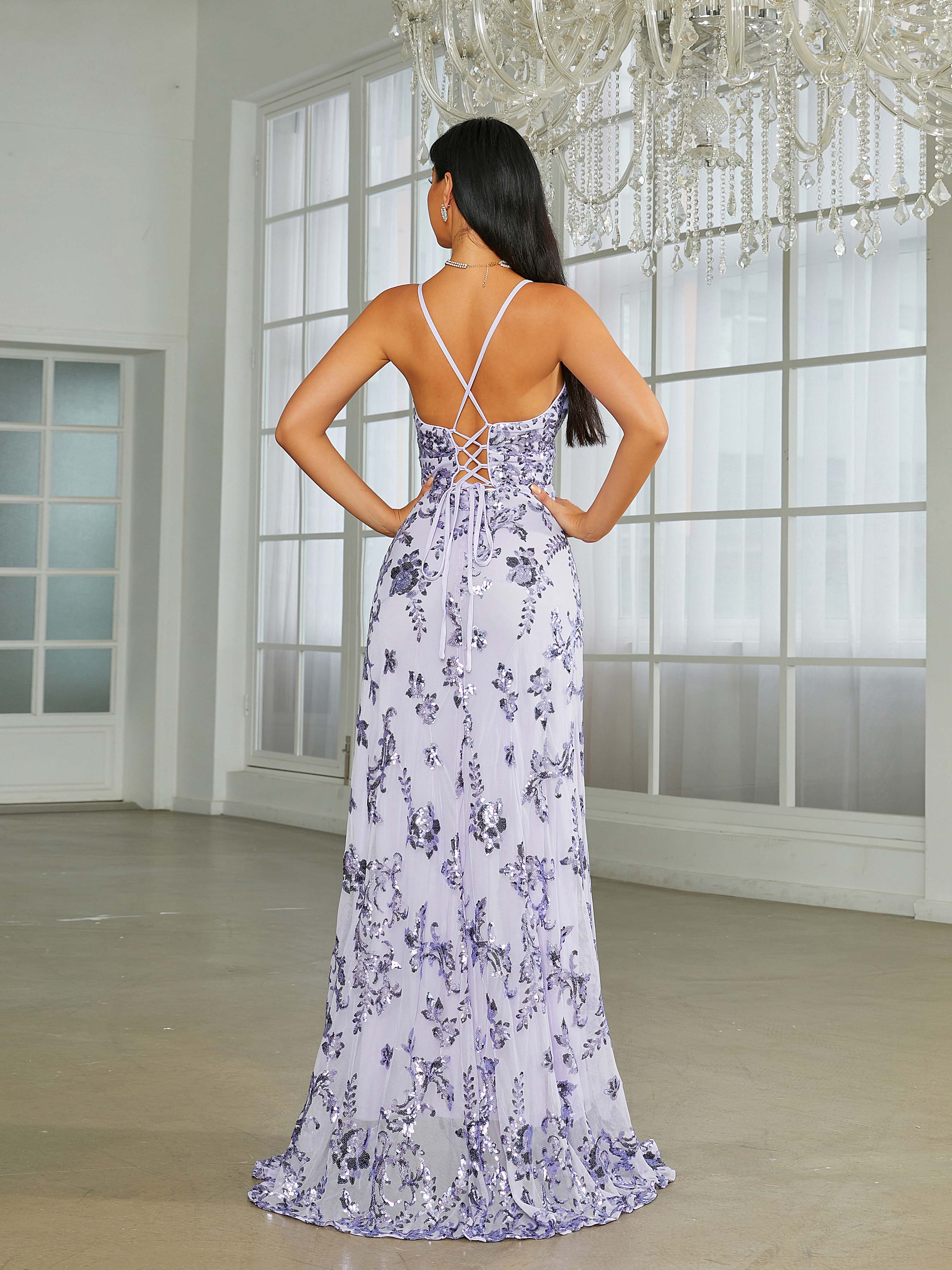 Sleeveless Deep V-Neck Floral Sequin Prom Dress 