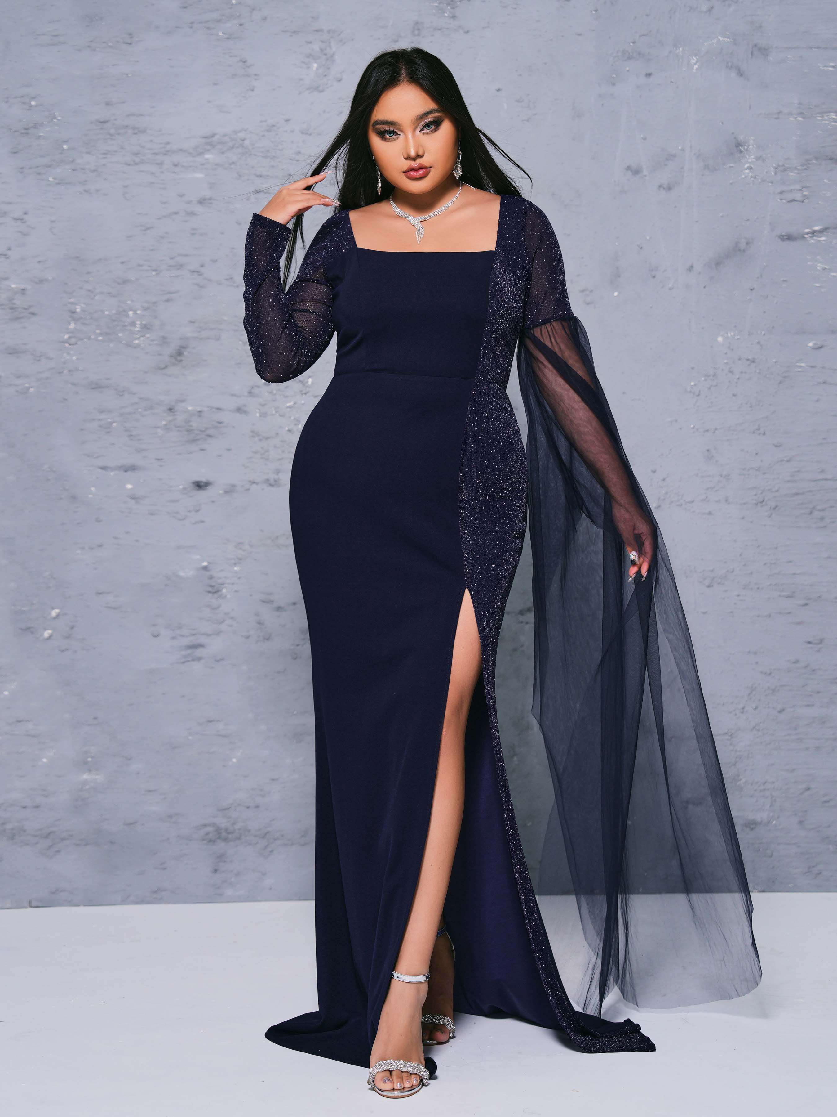 Plus Square Neck Panel High Split Dress PRX70180