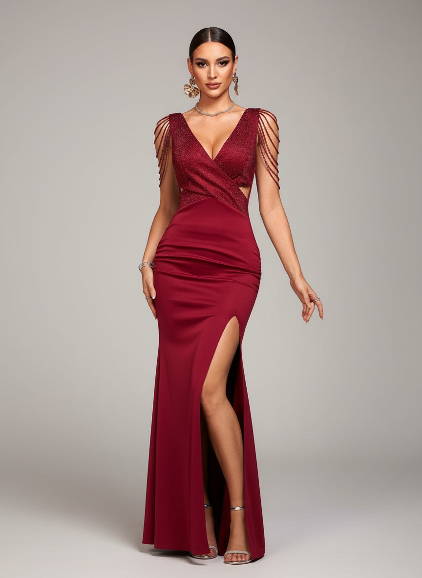 Burgundy Sequin Chain Sleeve V-Neck Formal Dress XFR51023 MISS ORD Burgundy Sequin Chain Sleeve V-Neck Formal Dress XFR51023 MISS ORD
