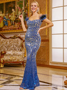Off Shoulder Sequins Blue Maxi Evening Dress RH30185