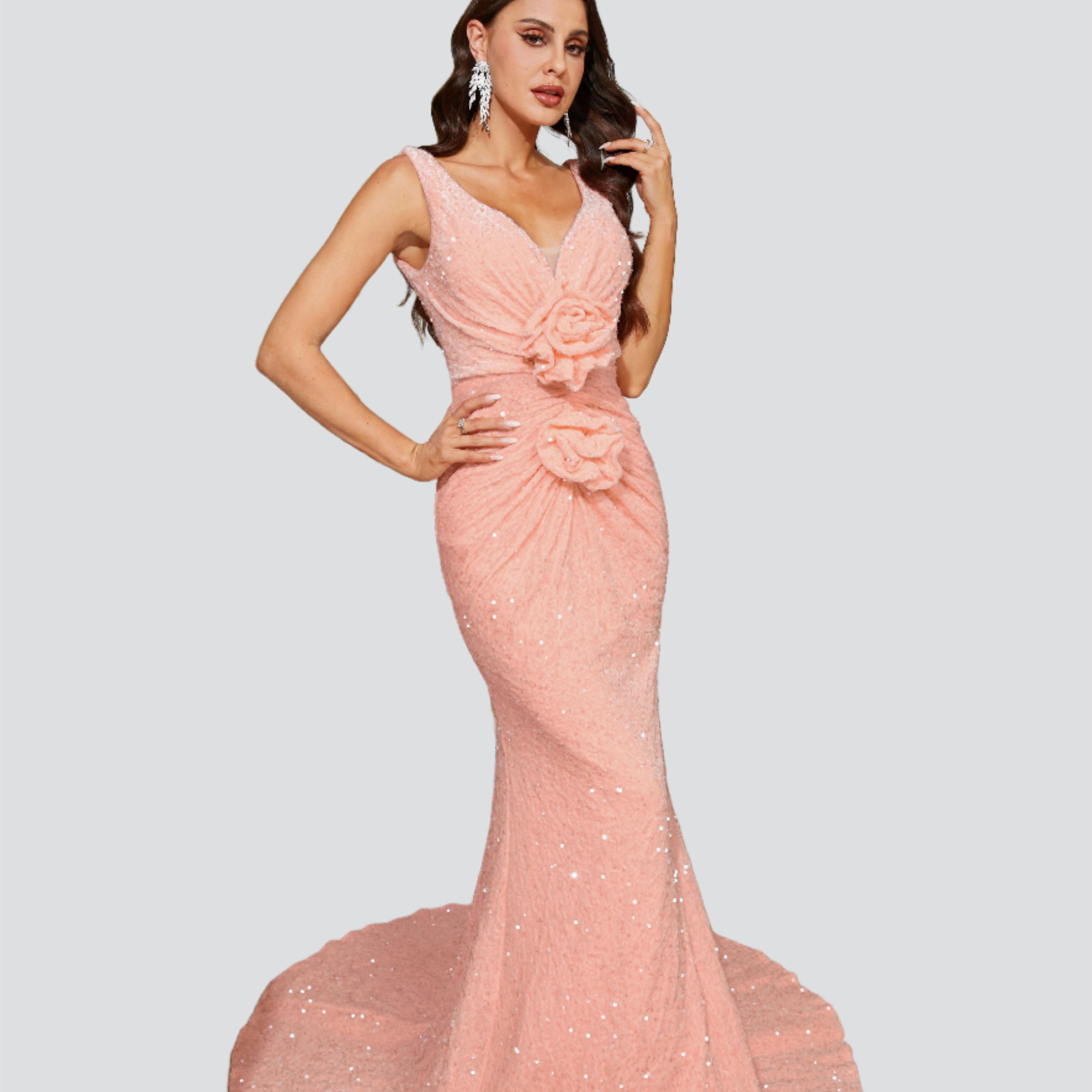 V-neck Sleeveless Appliqued Mermaid Pink Evening Dress