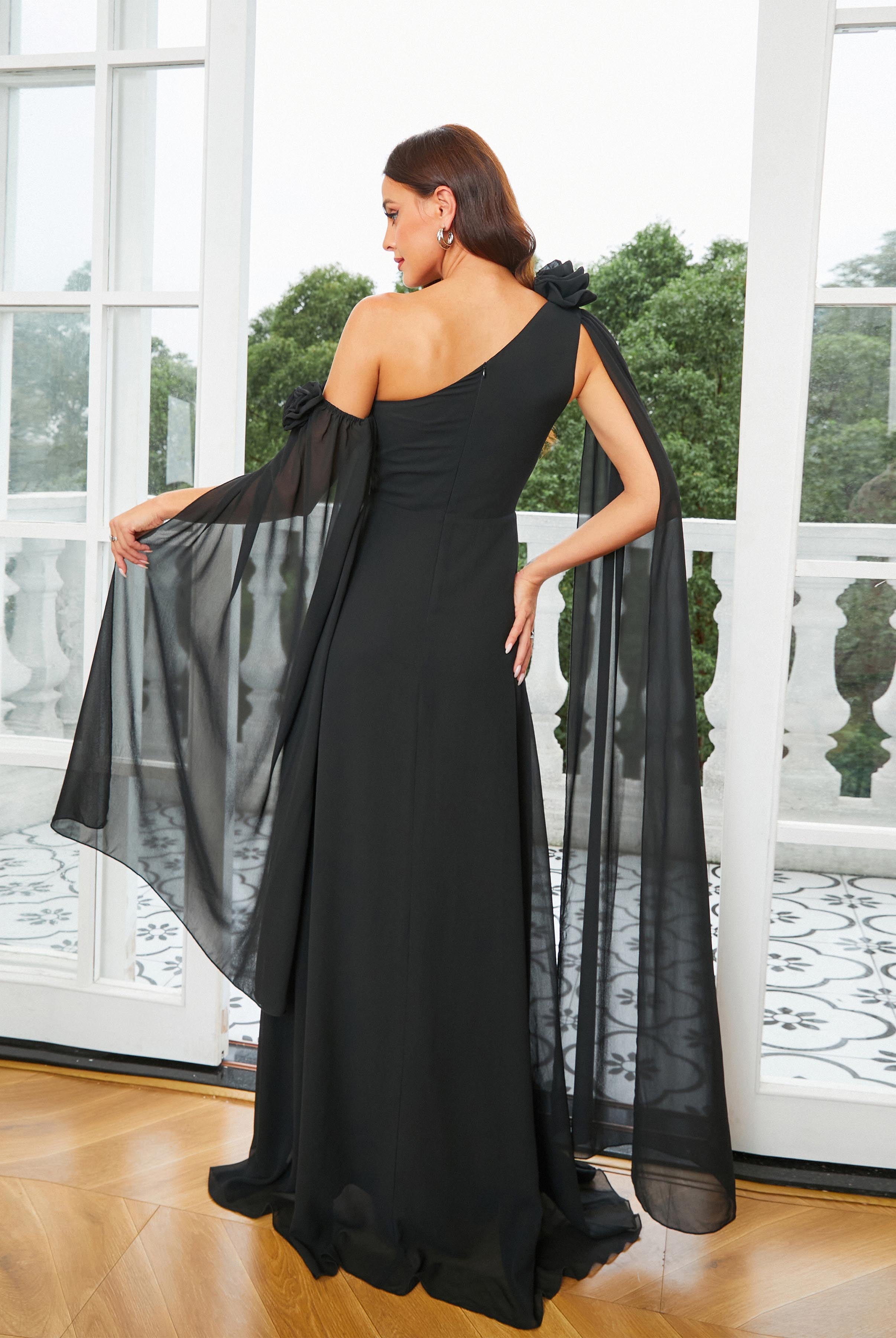 Cutout Cape Sleeve Black Prom Dress RM20990