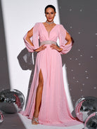 Tulle Cutout Sleeve Belt Split Pink Bridesmaid Dress RJ11411