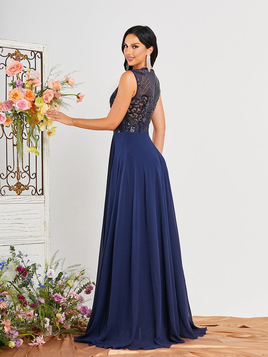 A-Line Sleeveless Panel Chiffon Blue Maxi Prom Dress