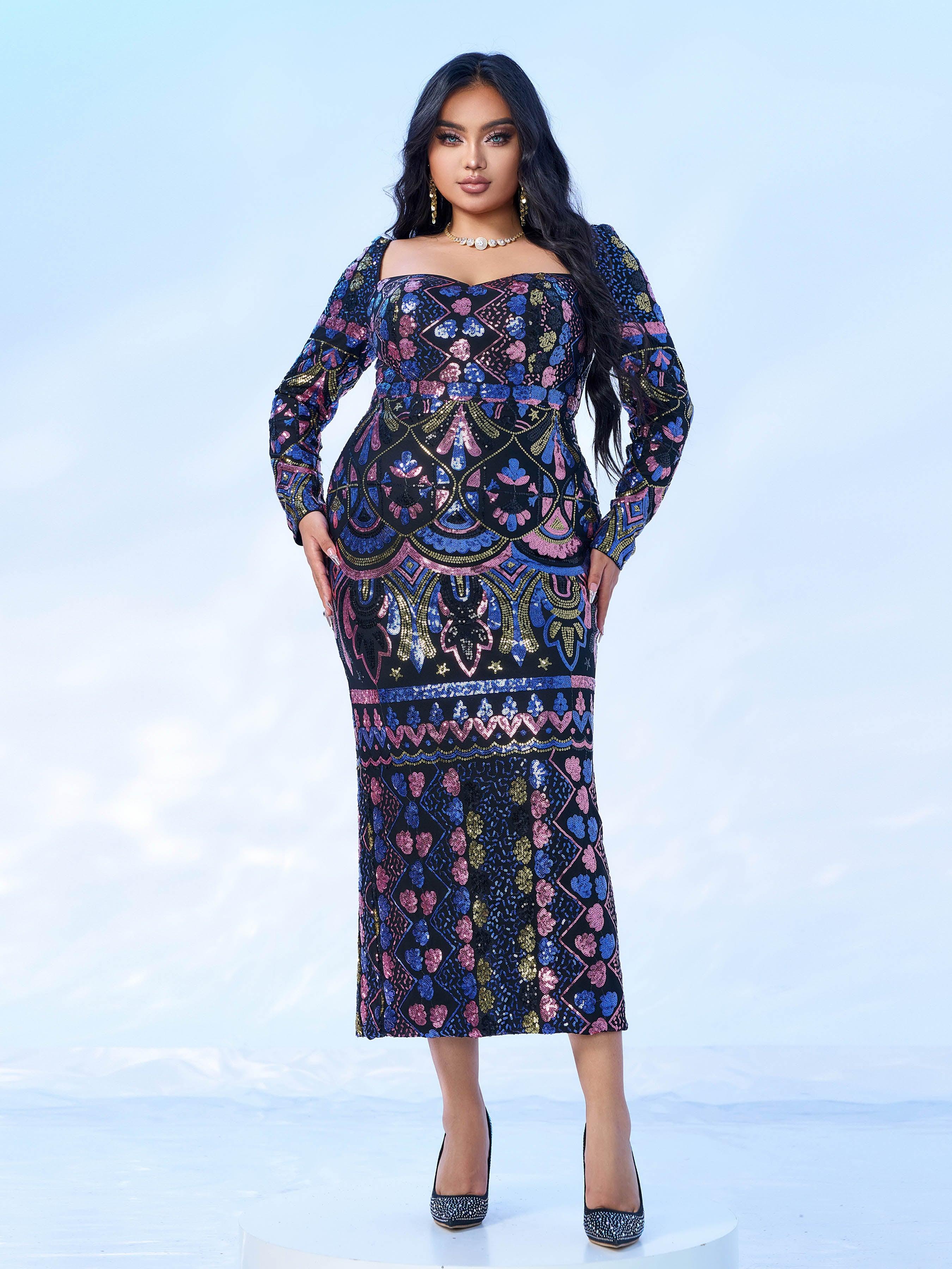 Plus Square Neck Sequin Split Midi Dress PRM20830 - MISS ORD