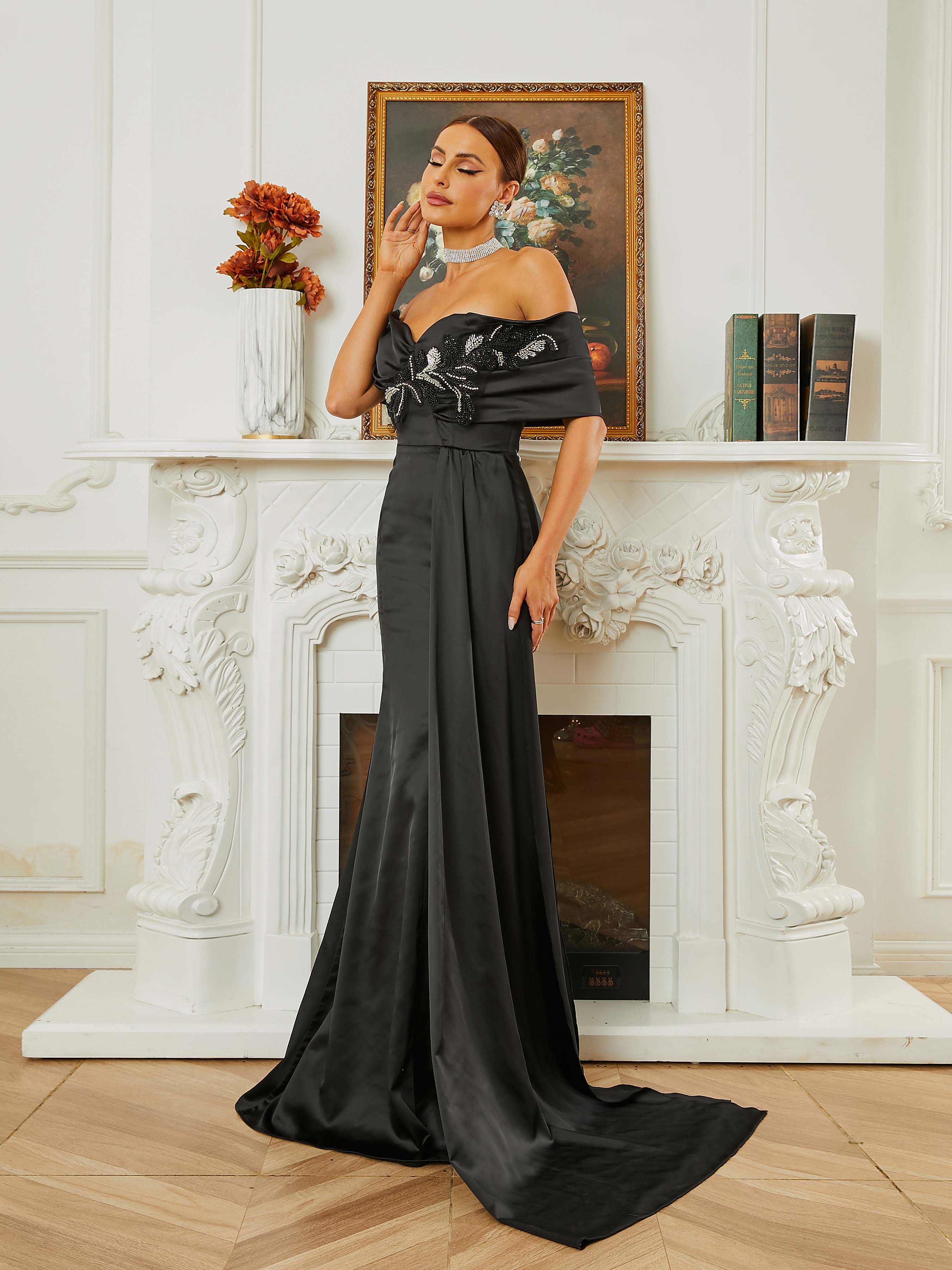 Strapless Off Shoulder Backless Mermaid Pleated Ribbon Evening Dress RM20468