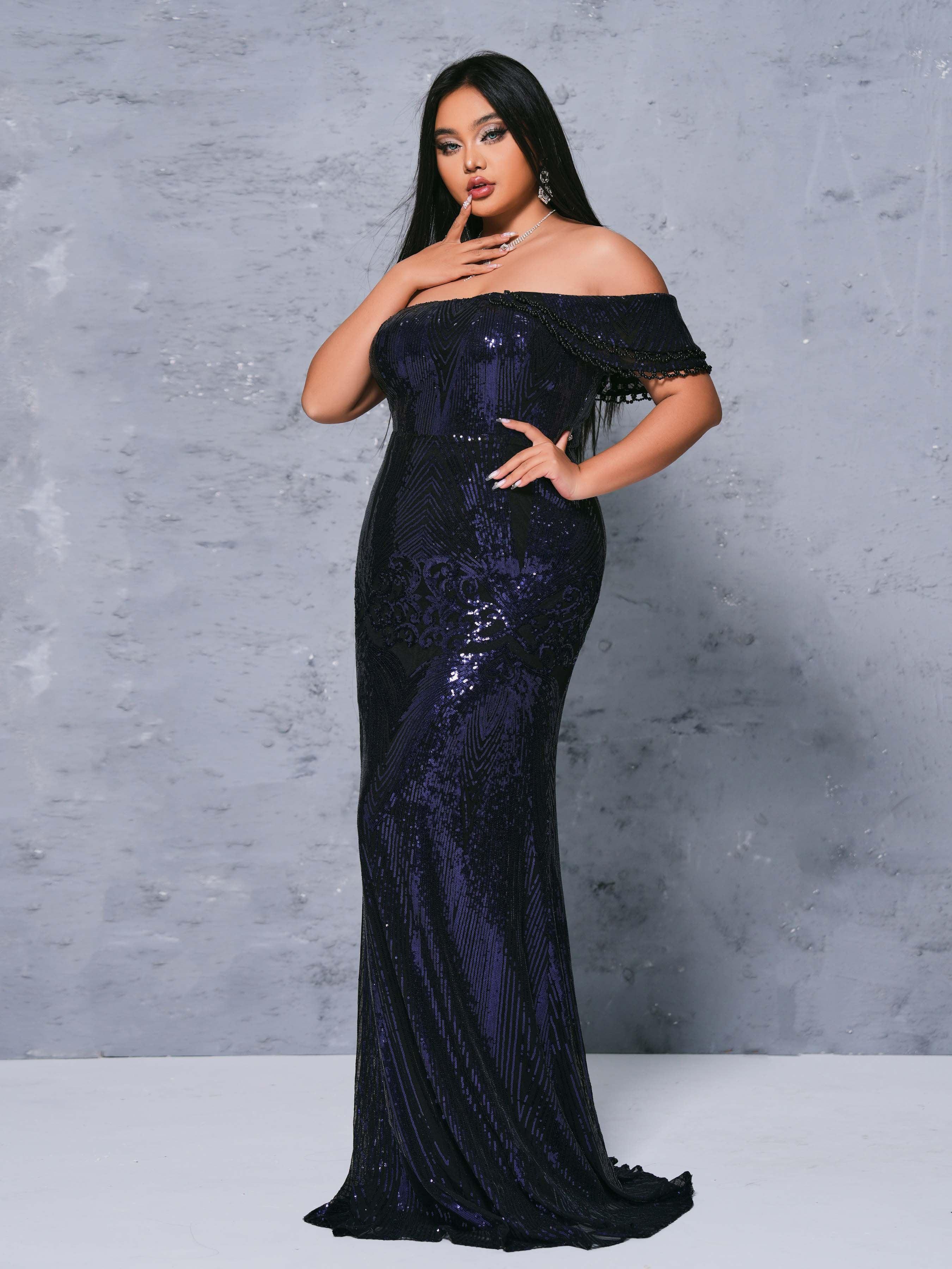 Plus Cutout One Shoulder Mermaid Sequin Dress PRX70073 - MISS ORD