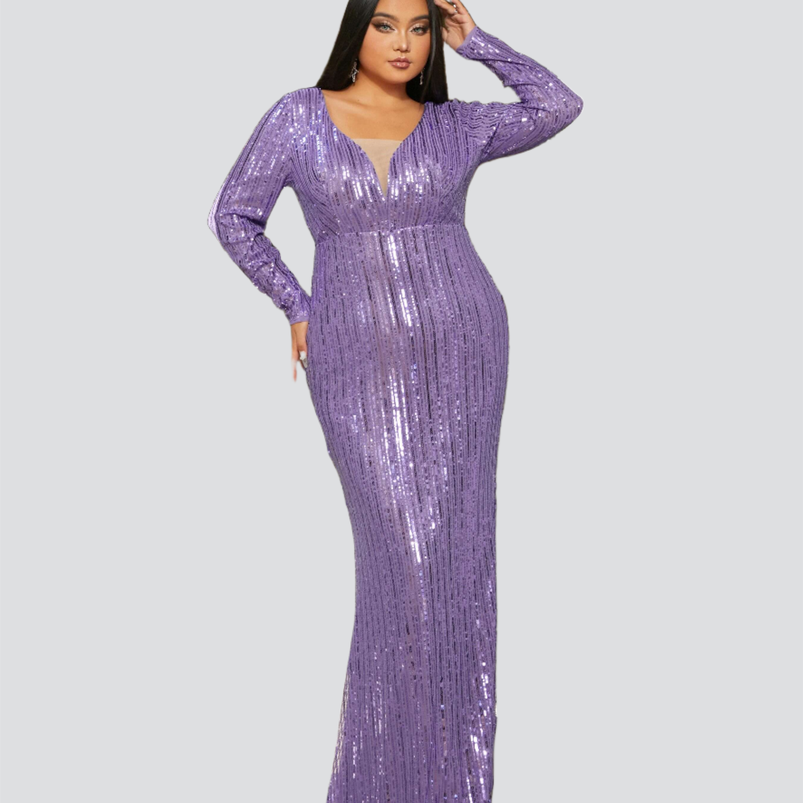 Plus V-neck Sequin Purple Prom Dress PRM21132