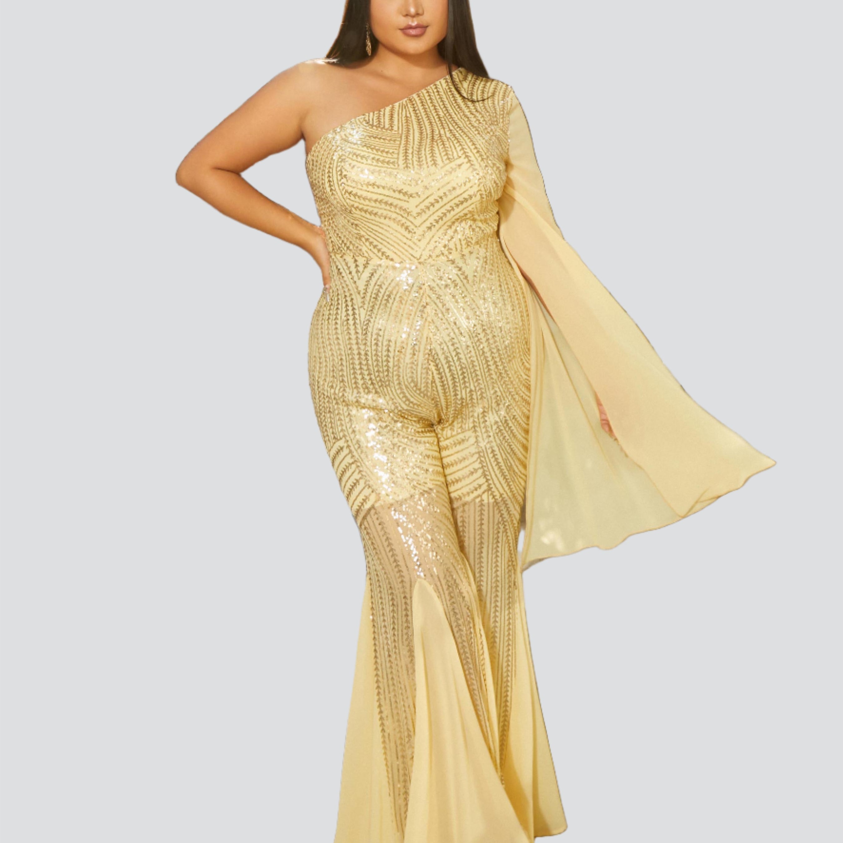 Plus Size Sequin One Shoulder Ruffled Jumpsuits