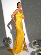 Spaghetti Straps High Split Yellow Sequin Soft Gown RM21614