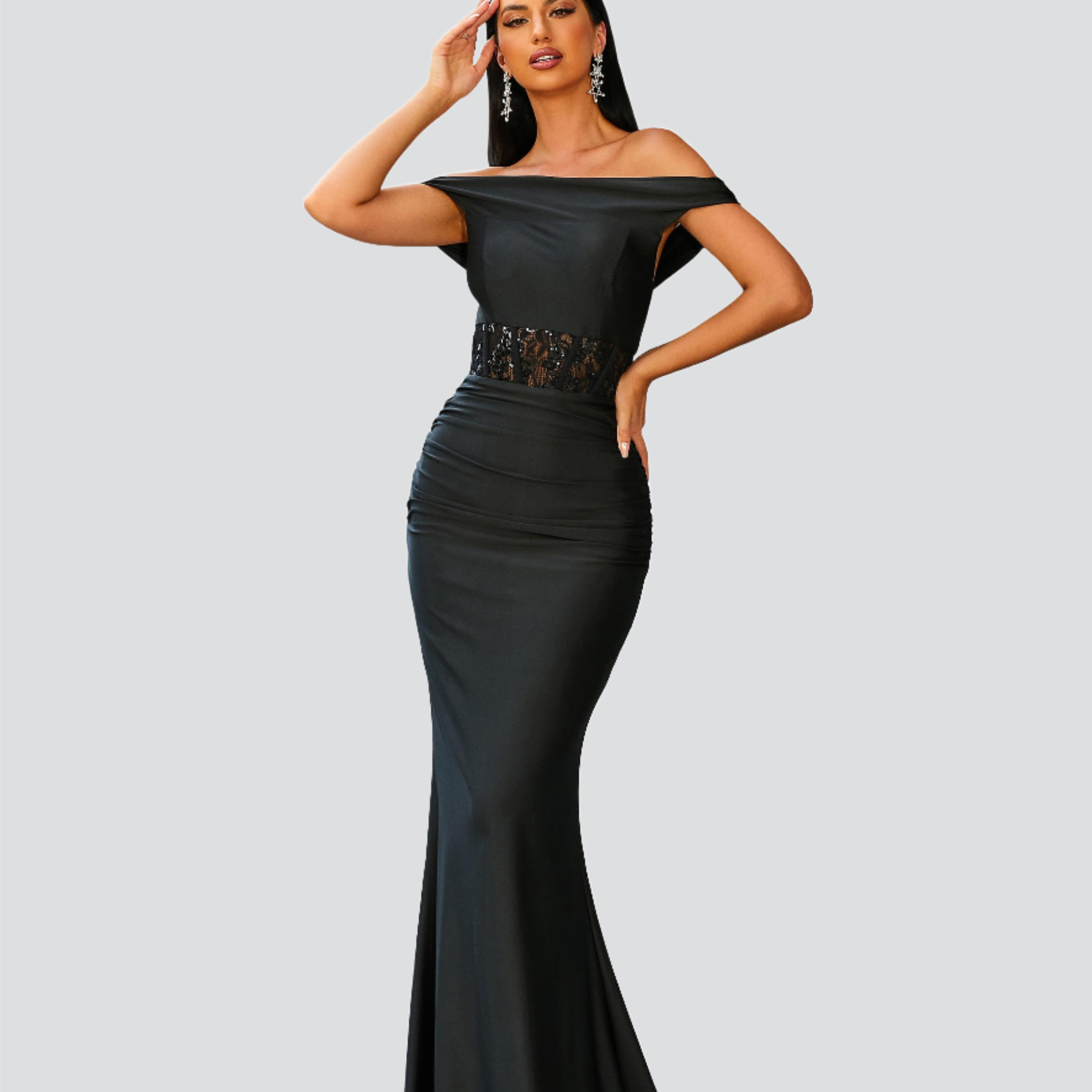 Strapless Pleated Knit Black Mermaid Dress RA60045