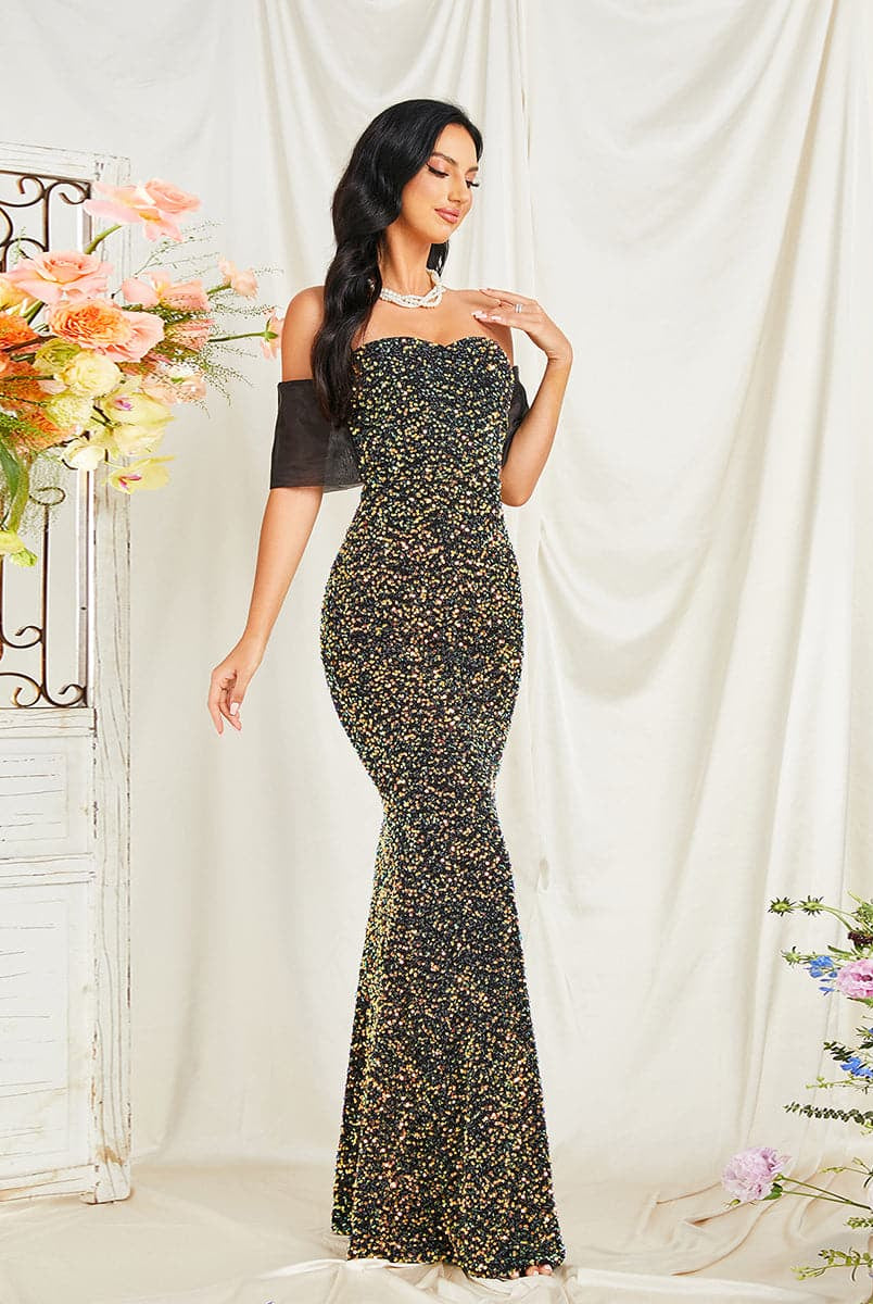 Elegant Off Shoulder Mermaid Sequin Black Evening Dress XJ2085