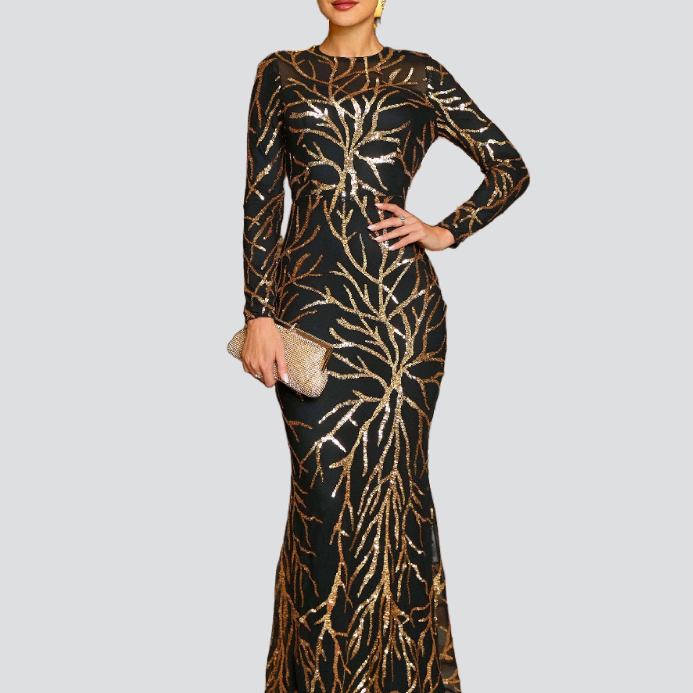 Crew Neck Long Sleeve Sequin Blackgold Sexy Prom Dress RM20880