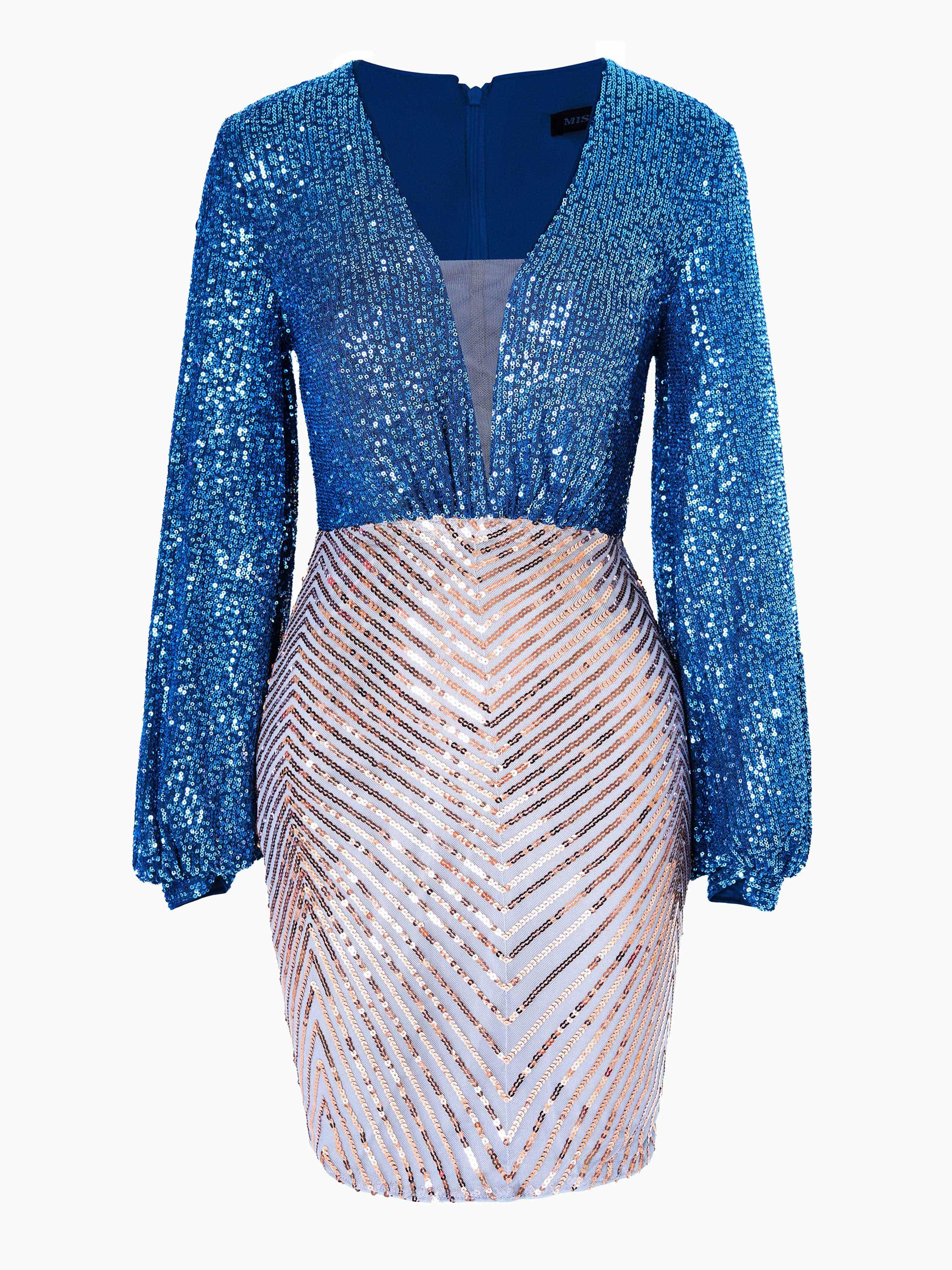 Deep V-Neck Sequin Blue Mini Dress RM20959 - MISS ORD
