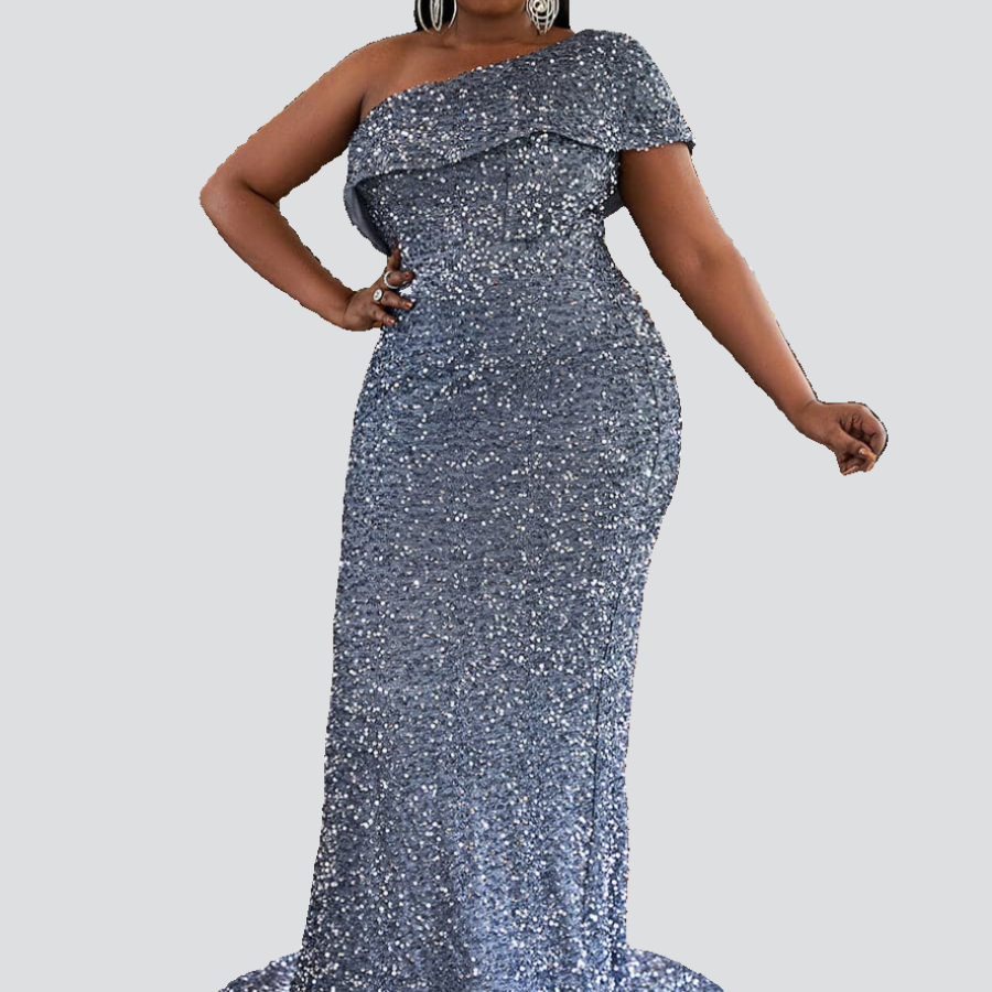 Plus Size One Shoulder Mermaid Maxi Sequin Grey Prom Dress