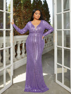 MISSORD Plus Size V-neck Mermaid Sequin Purple Prom Dress