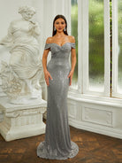 Off Shoulder Backless Sequin A-line Grey Prom Dress RM20657