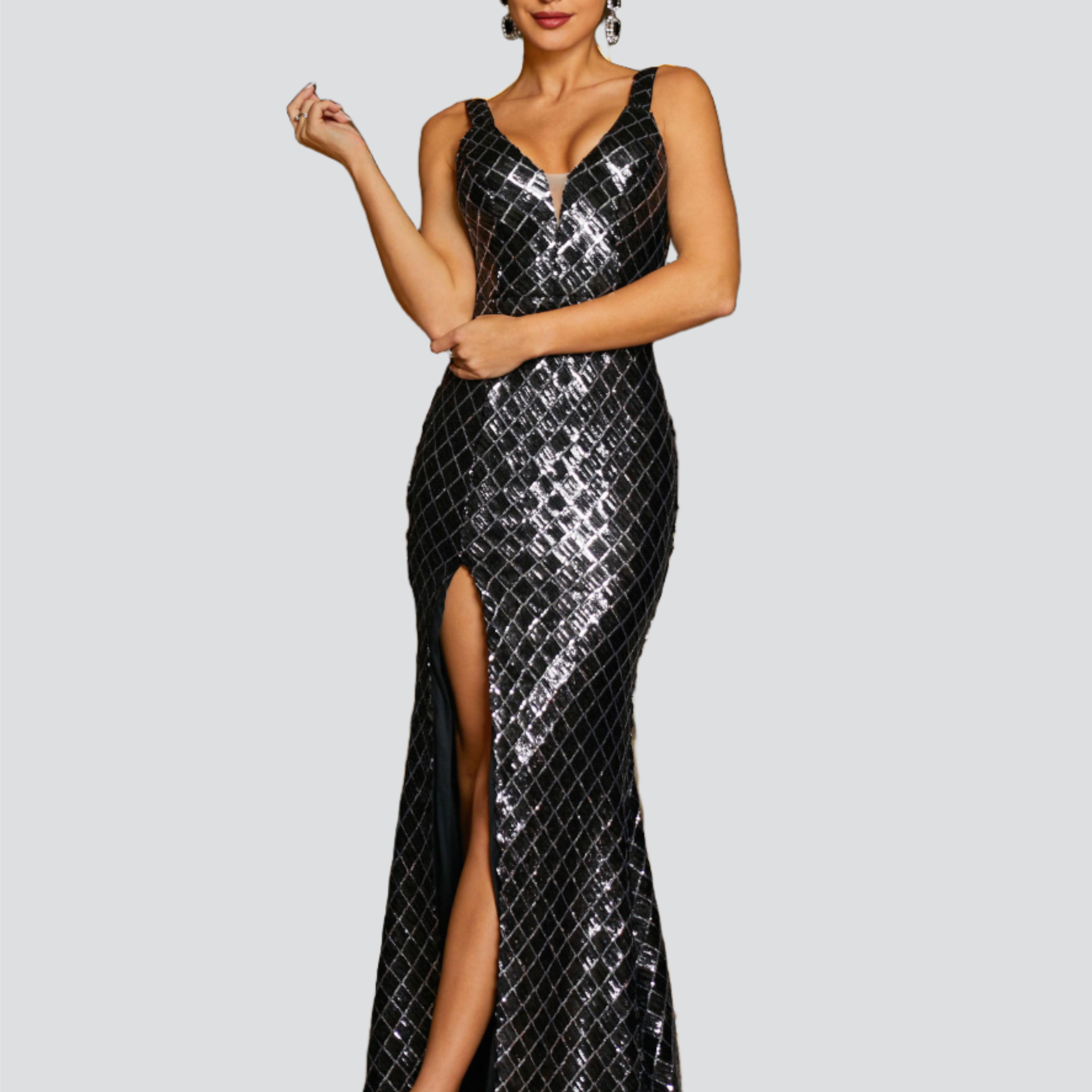 V-neck Backless High Split Sequin Black Prom Dress RM21336