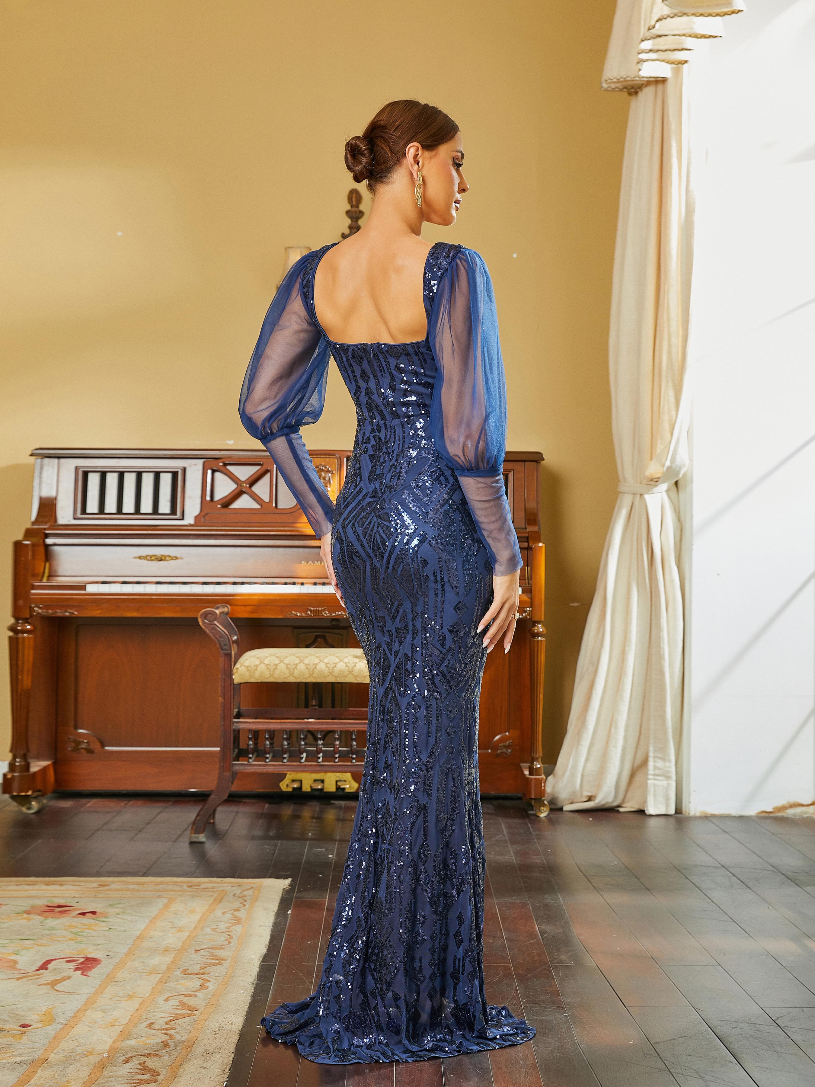 Sweetheart Lantern Sleeve Mermaid Blue Evening Dress RH30634