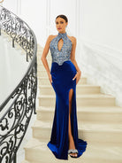 Halter Open Back Blue Slit Prom Dress M02313